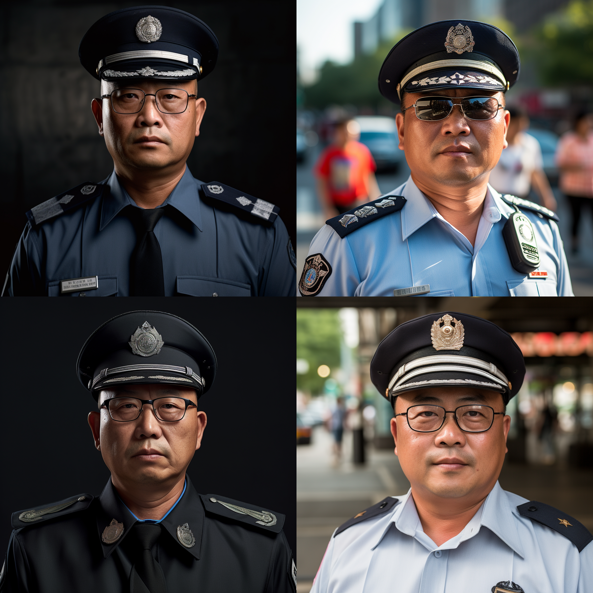 中国人民警察，52岁左右，白皮肤，厚嘴唇，大蒜鼻，小眼睛，戴无框眼镜，警礼服，大沿帽，感光度100、光圈2.8.自动快门