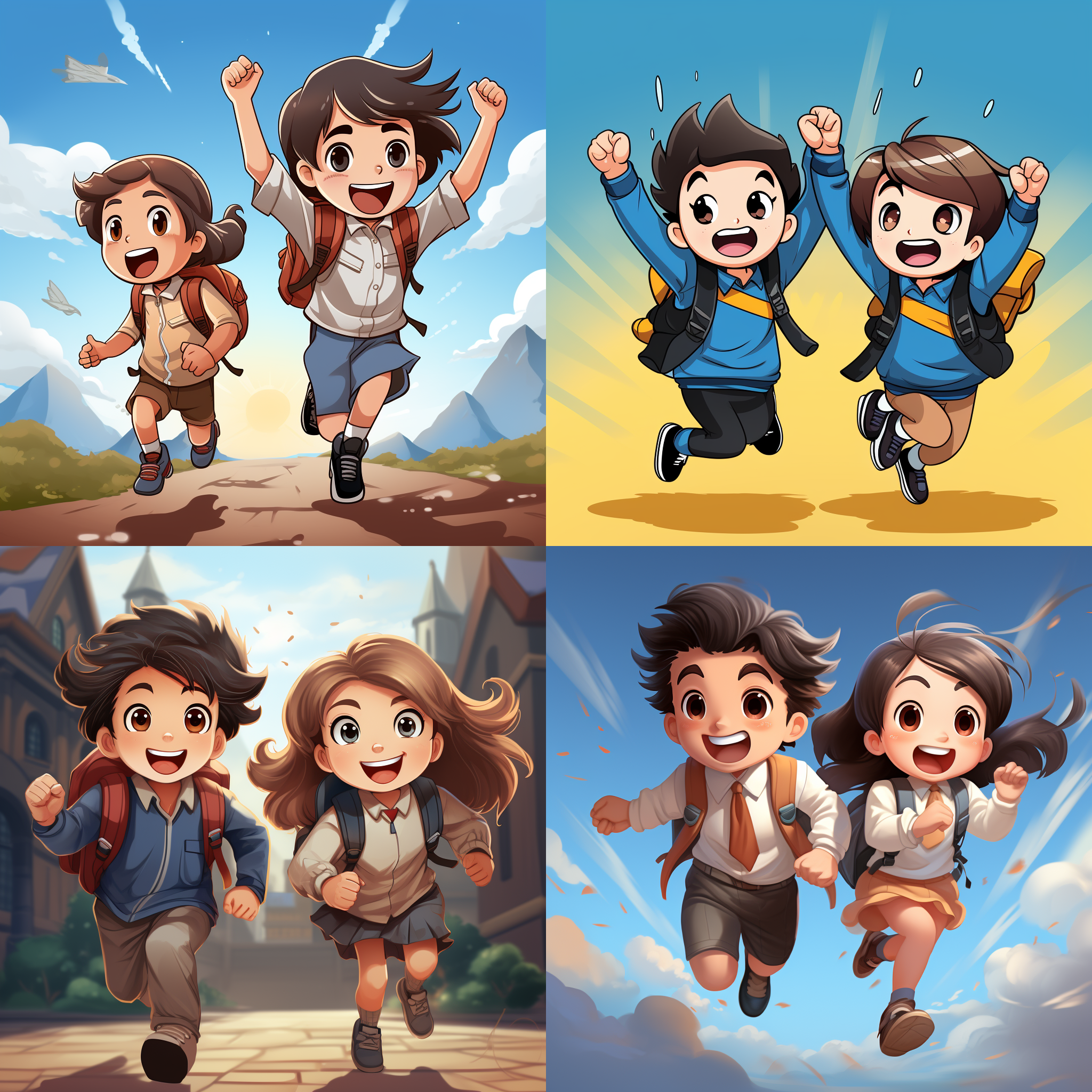 两个小学生，卡通形像，全身，大眼睛，阳光，欢笑，可爱，快乐，运动，背景纯色