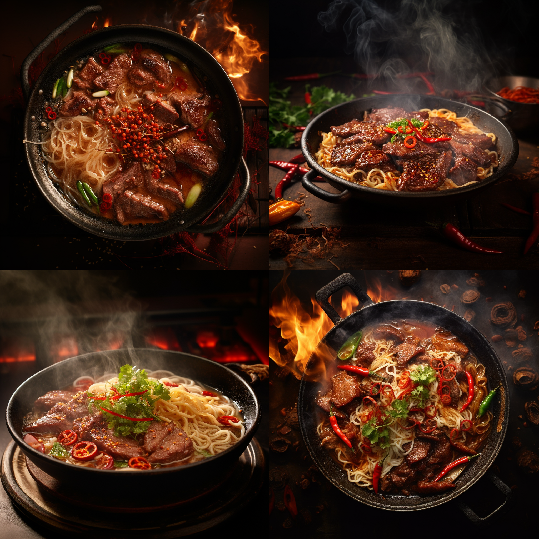 牛肉面，俯拍角度，餐馆内景，传统风格，烟雾缭绕，炒锅火焰，锅底浓郁，红色调，牛肉丝晃动，香气四溢，舌尖上的满足。