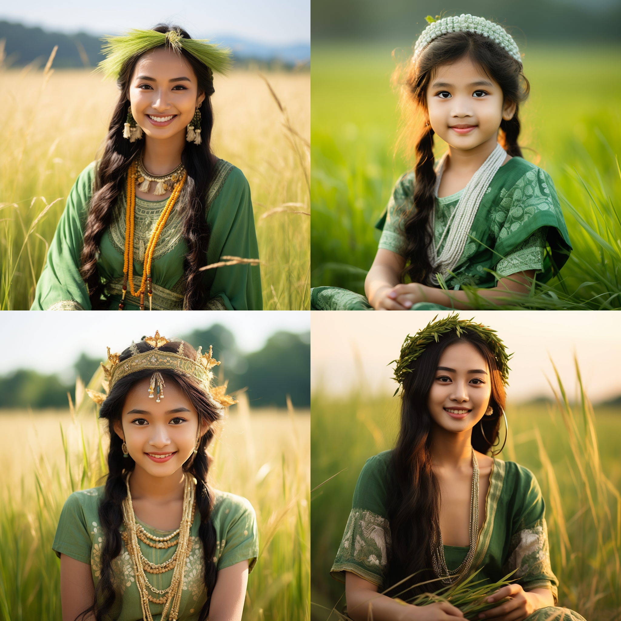 亚洲漂亮小姑娘，坐在青绿色稻田里，微笑着看着镜头。她穿着传统的民族服装，头上戴着花环，透露出自信和纯真。画面光线柔和，色彩饱满，背景模糊，突出了她的美丽和自然之美。自然肖像，柔光，传统服饰，纯真，自信，鲜艳色彩，稻田，微笑。