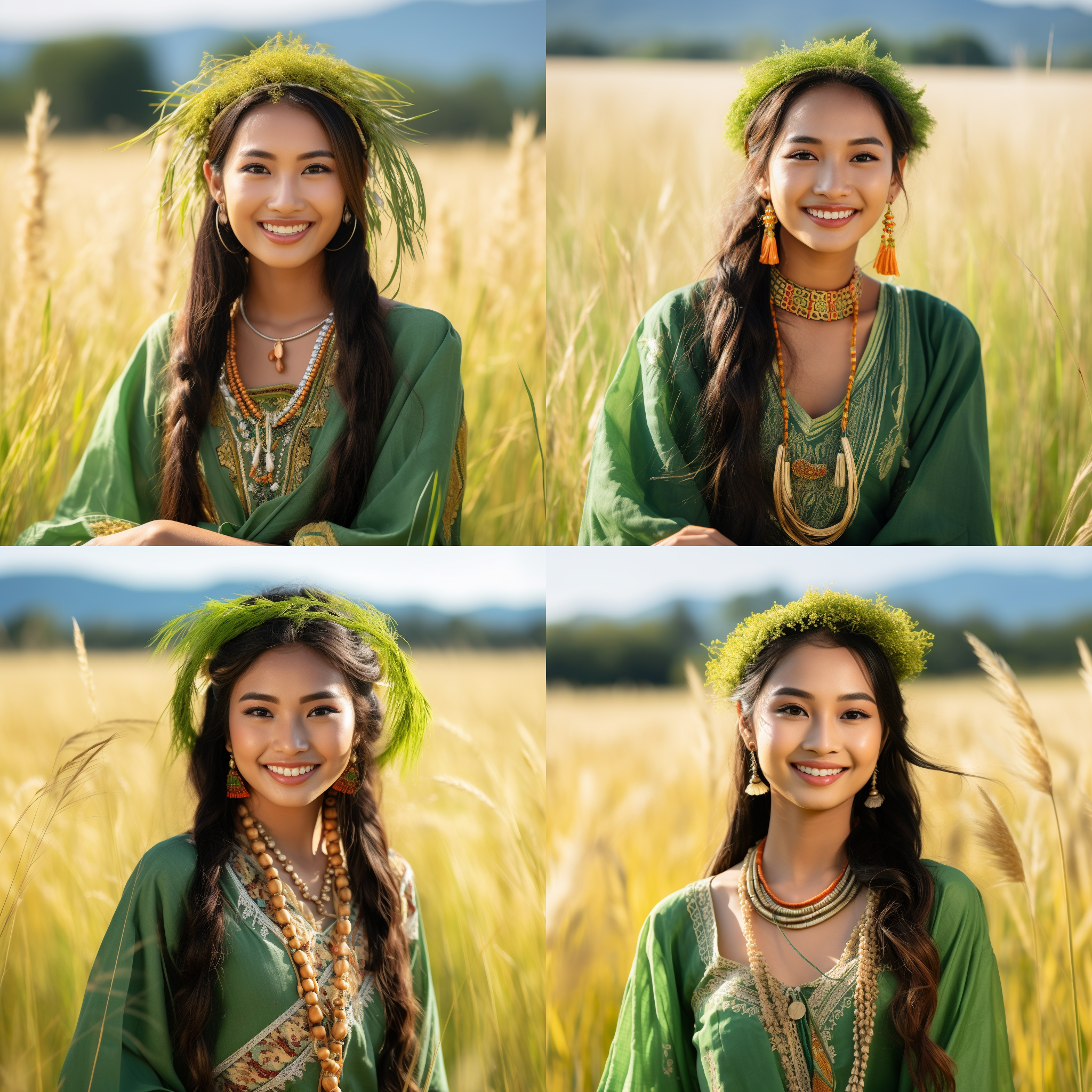 亚洲漂亮小姑娘，坐在青绿色稻田里，微笑着看着镜头。她穿着传统的民族服装，头上戴着花环，透露出自信和纯真。画面光线柔和，色彩饱满，背景模糊，突出了她的美丽和自然之美。自然肖像，柔光，传统服饰，纯真，自信，鲜艳色彩，稻田，微笑。