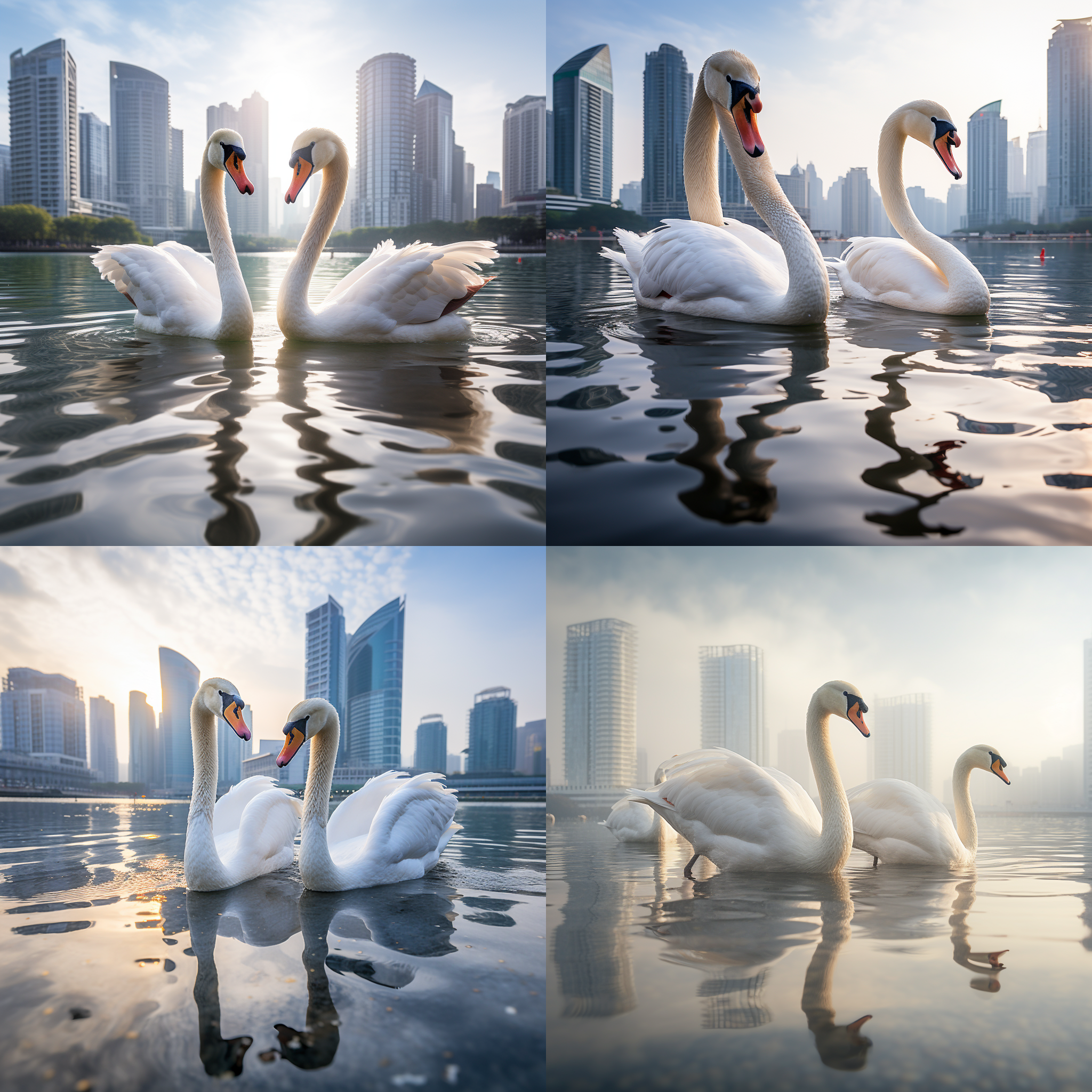 高楼下湖泊中的天鹅，对角线构图，清晰细腻，室外环境，长焦镜头，水面倒影，柔和光线，优雅飞翔，白色羽毛，和谐色彩，宁静。