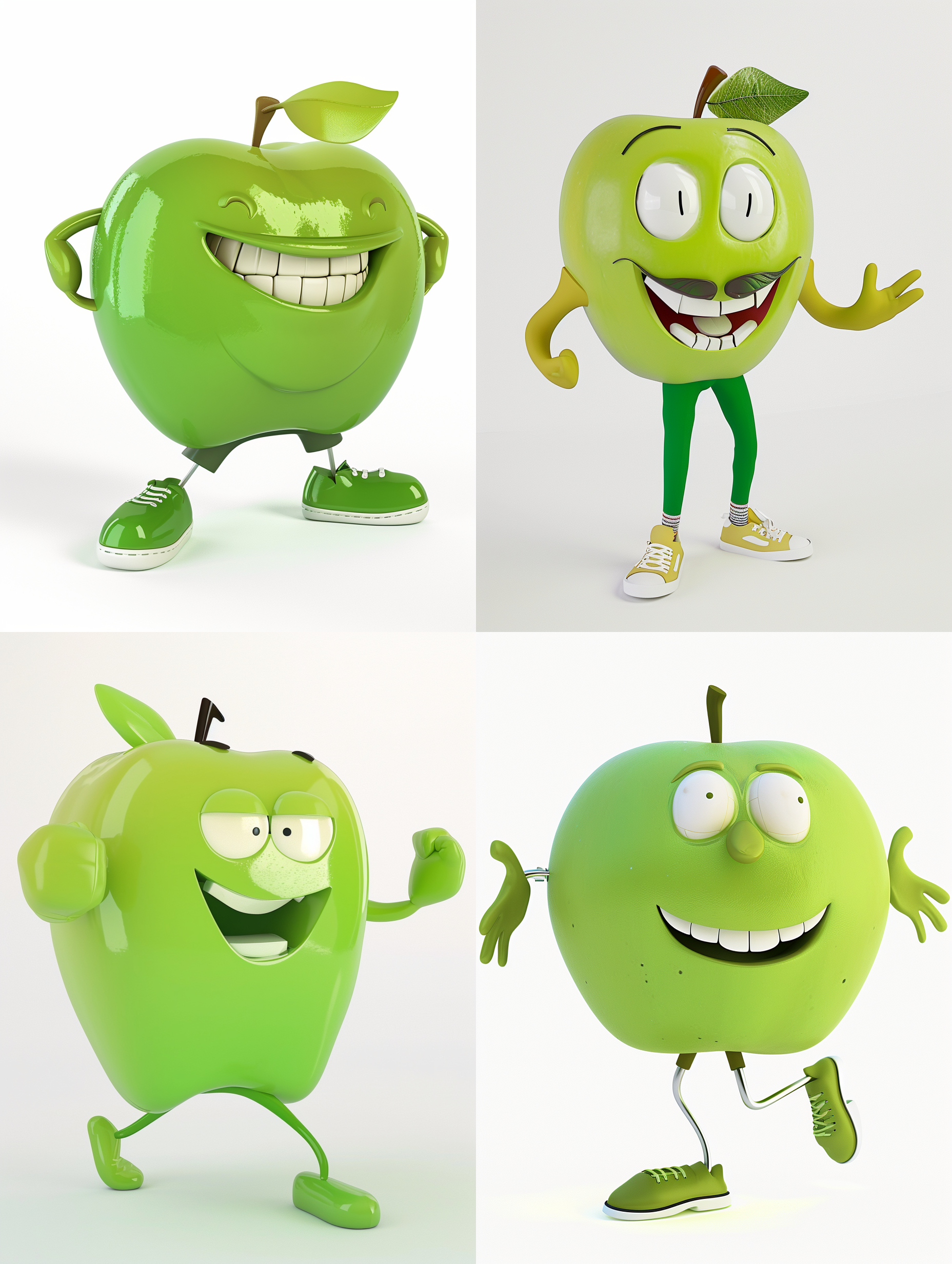 卡通青苹果，卡通风格，穿着时尚衣服，粘土材质，c4d渲染，鲜明色彩，清晰细节，柔和光线，动感十足，欢快氛围，白色背景。
