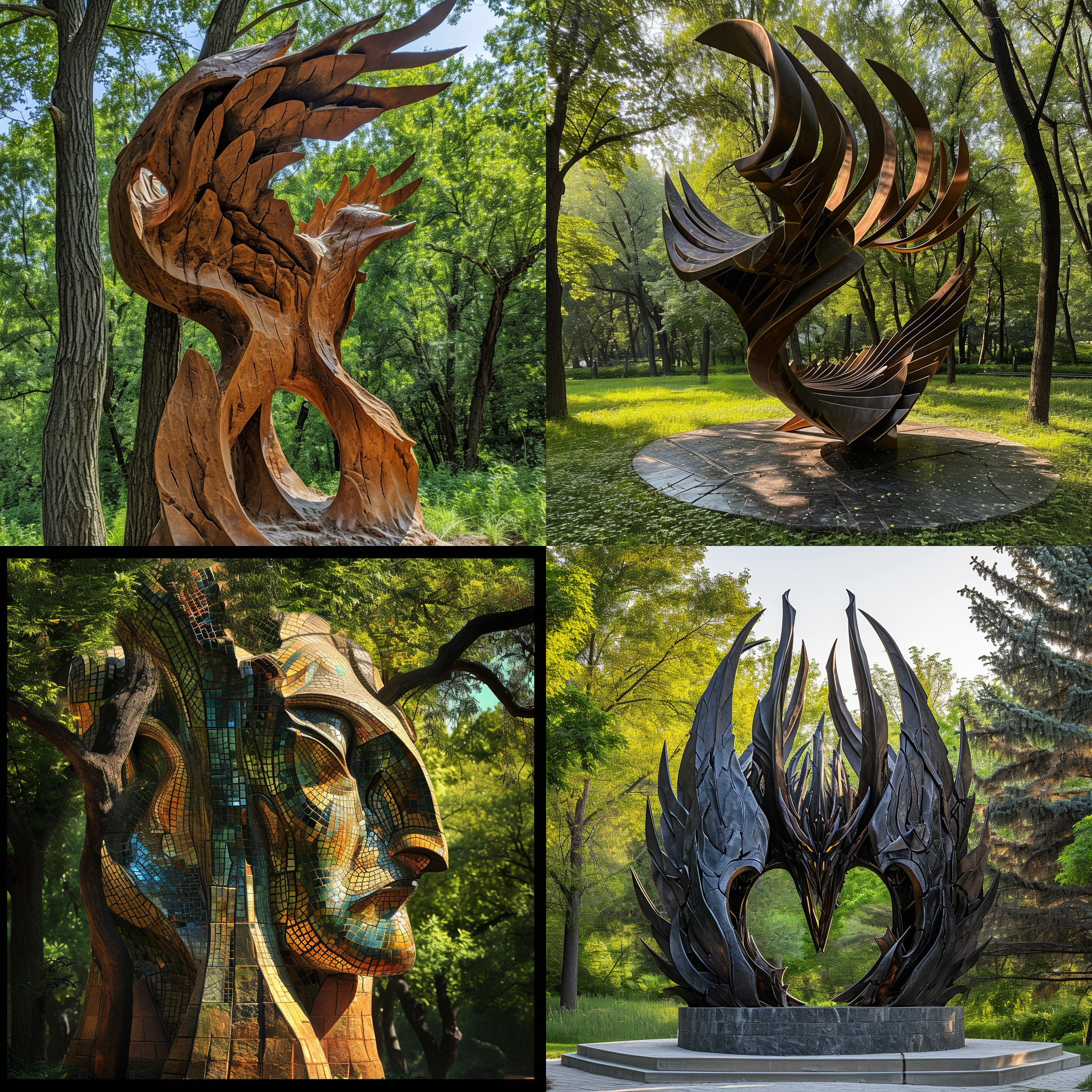 雕塑体量增大，精神堡垒大小，公园入口节点，半鸟瞰视角，雕塑风格，细节丰富，长焦镜头，阳光照射，自然环境，夏季，明亮色调，主题突出，庄重，有力量。