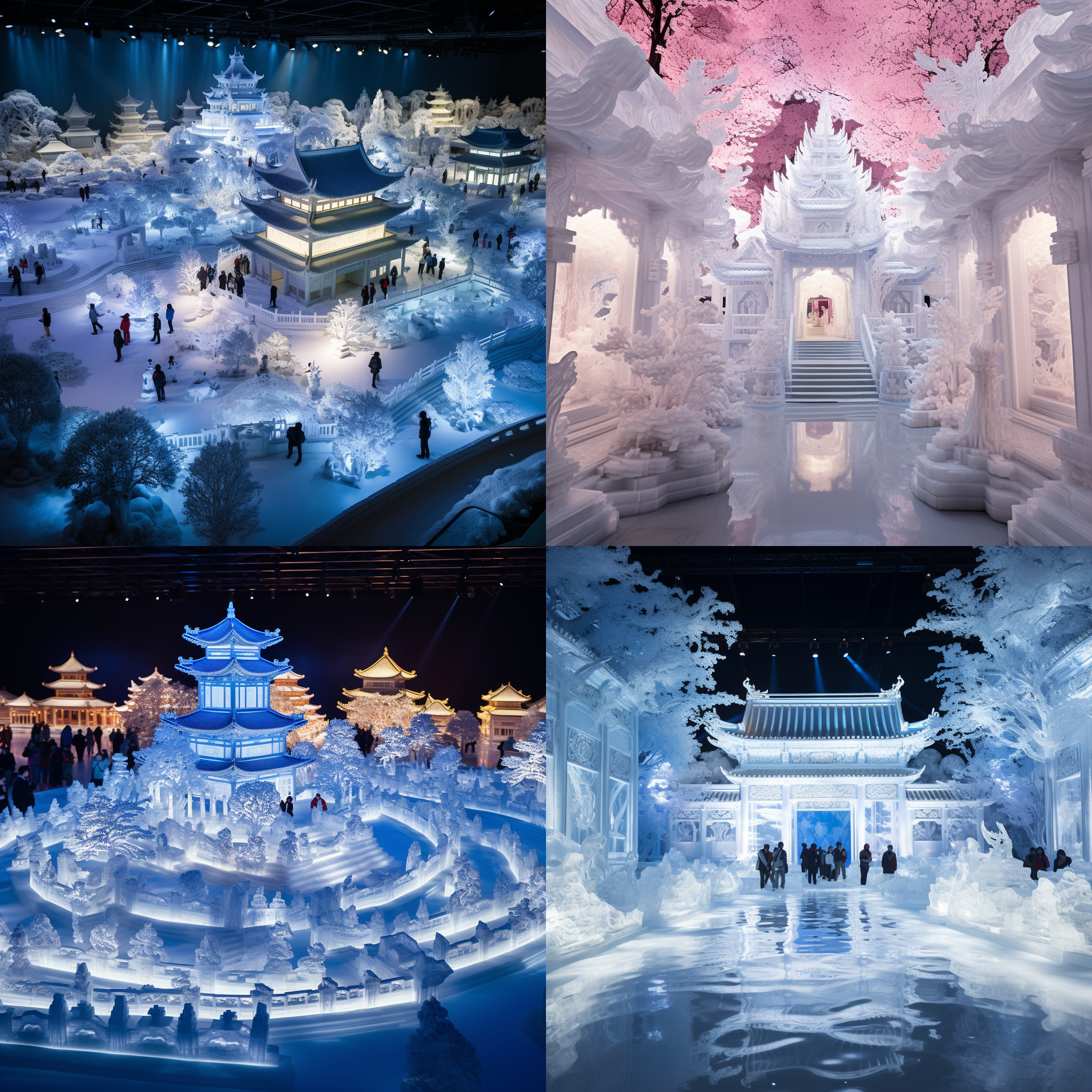 大厅中央是一个巨大的冰雪雕塑，周围是华丽的中式建筑和精致的园林景观。大厅内弥漫着神秘的仙气，光线柔和而神秘，给人一种超凡脱俗的感觉。白色的雪花在空中飘舞，增添了浪漫的氛围。中式装饰和细节展现了古老的仙侠文化，给人一种古典与现代相结合的视觉享受。玄幻、神秘、仙侠、中式建筑、雪花、柔和光线、浪漫、细节丰富。