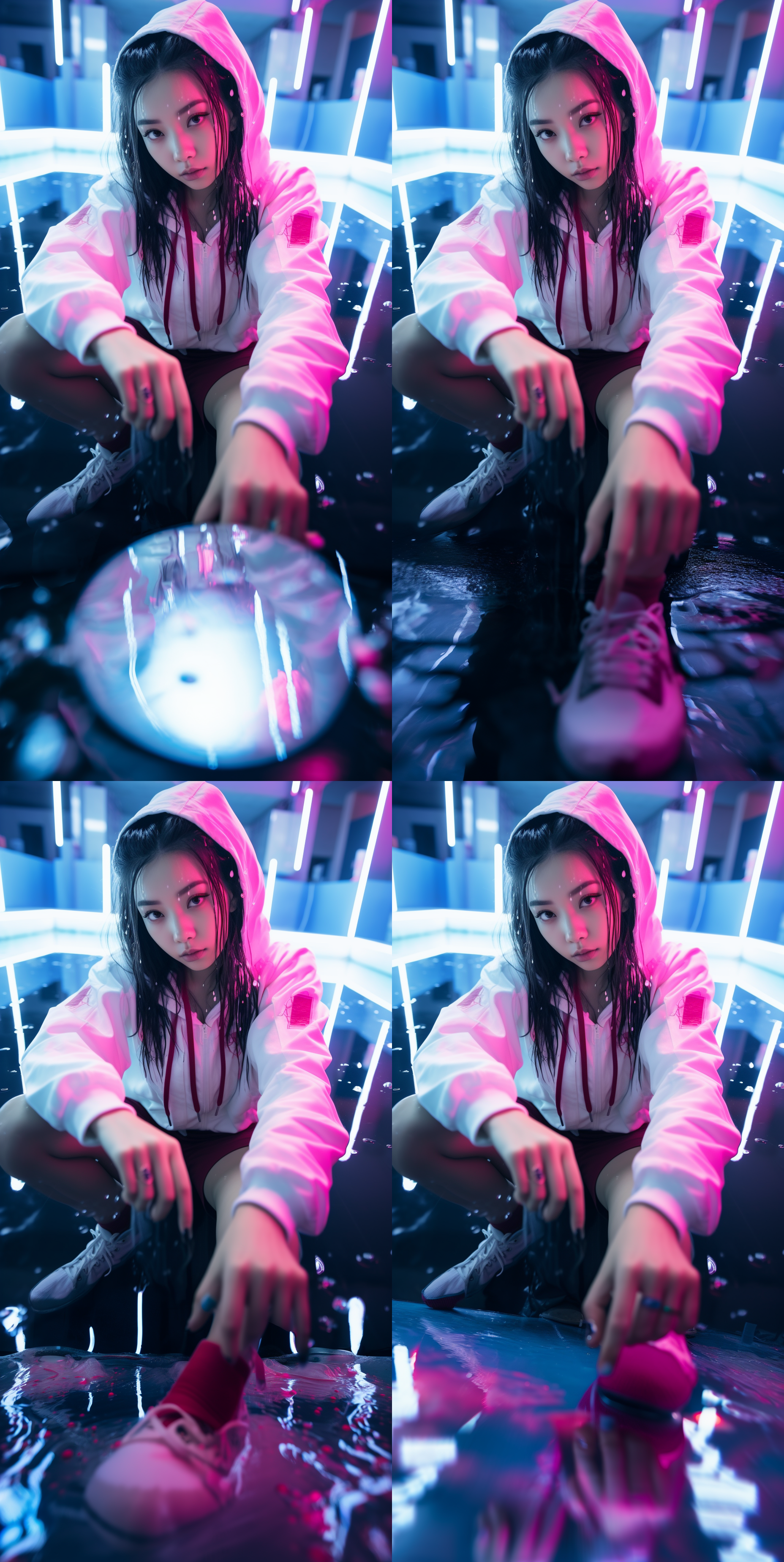 拍照，中国女孩，浴室自拍，湿发，水珠，手机，镜子，粉白色，明亮的，氛围感，照明，爱马仕，游泳池，全身，高清晰度 镜头光晕 镜头光晕 镜头光晕 镜头光晕 镜头光晕