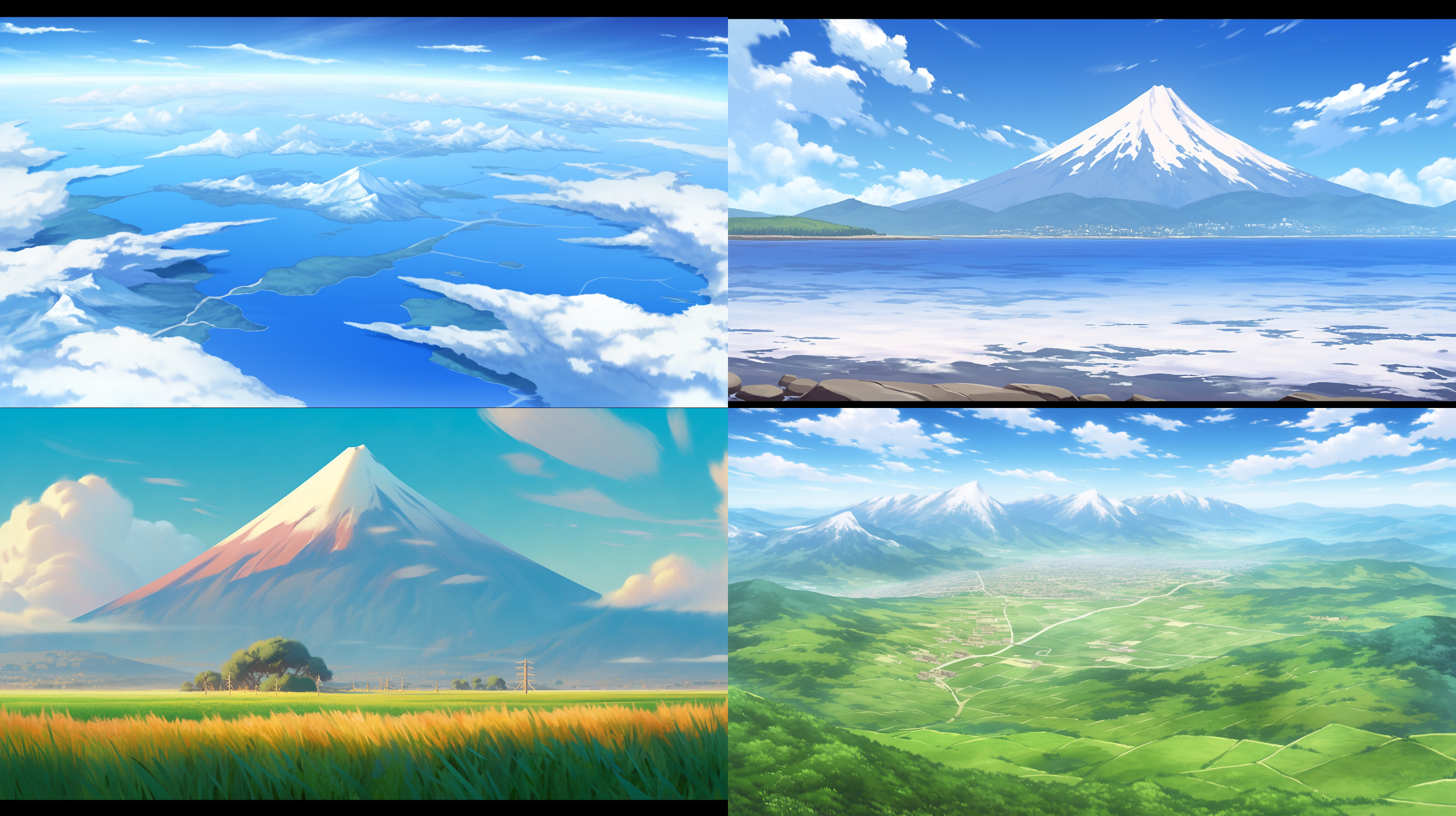 山脉，自然风景，晴天，对角线布局，远景，日本富士山雪景，宽广的视野，长焦距镜头，柔和的光线，静谧，平和，神秘 山海经