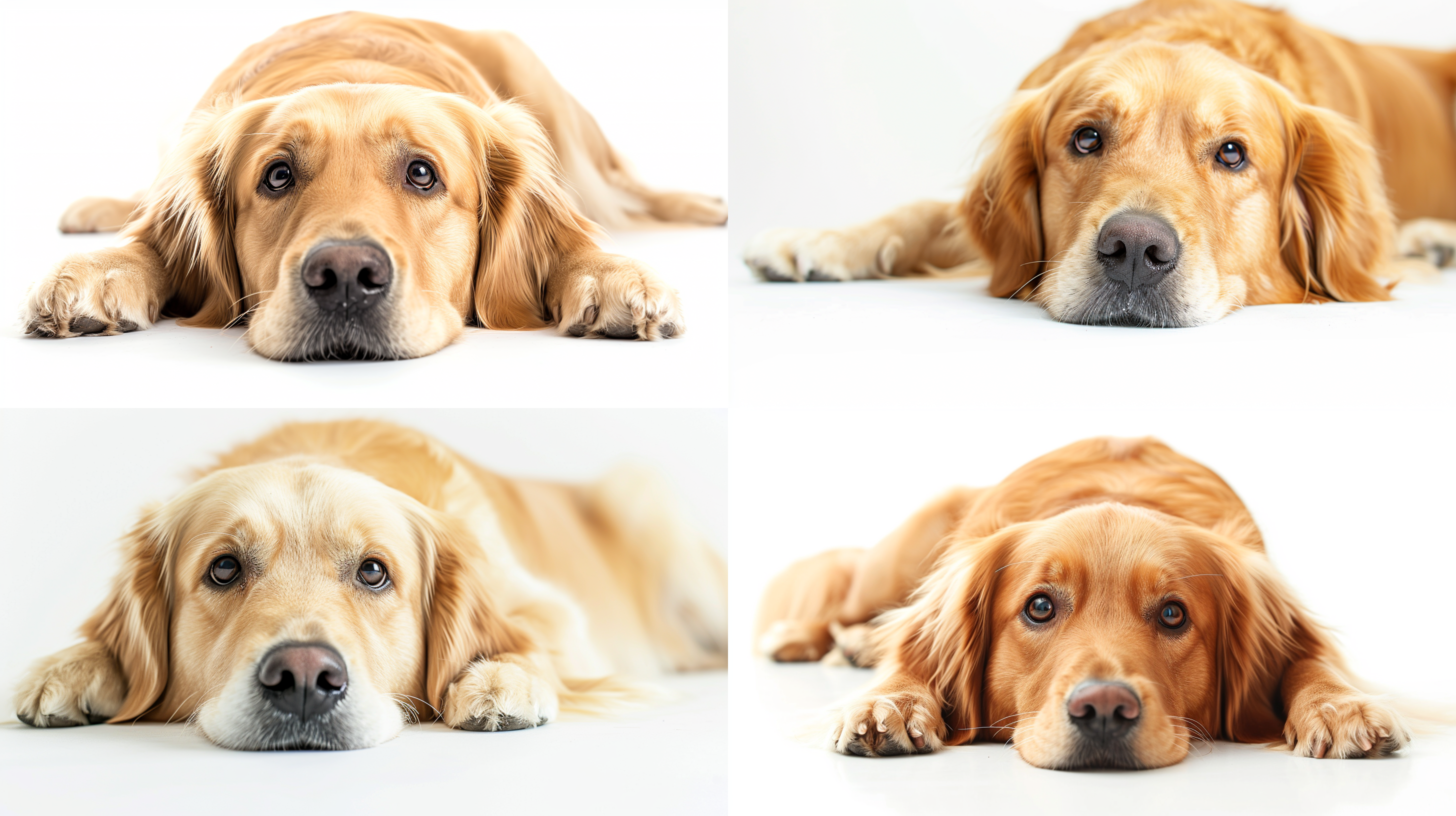 纯白背景 一只毛色油亮的金毛犬 趴着 眼神友善 大光圈 焦点在眼睛