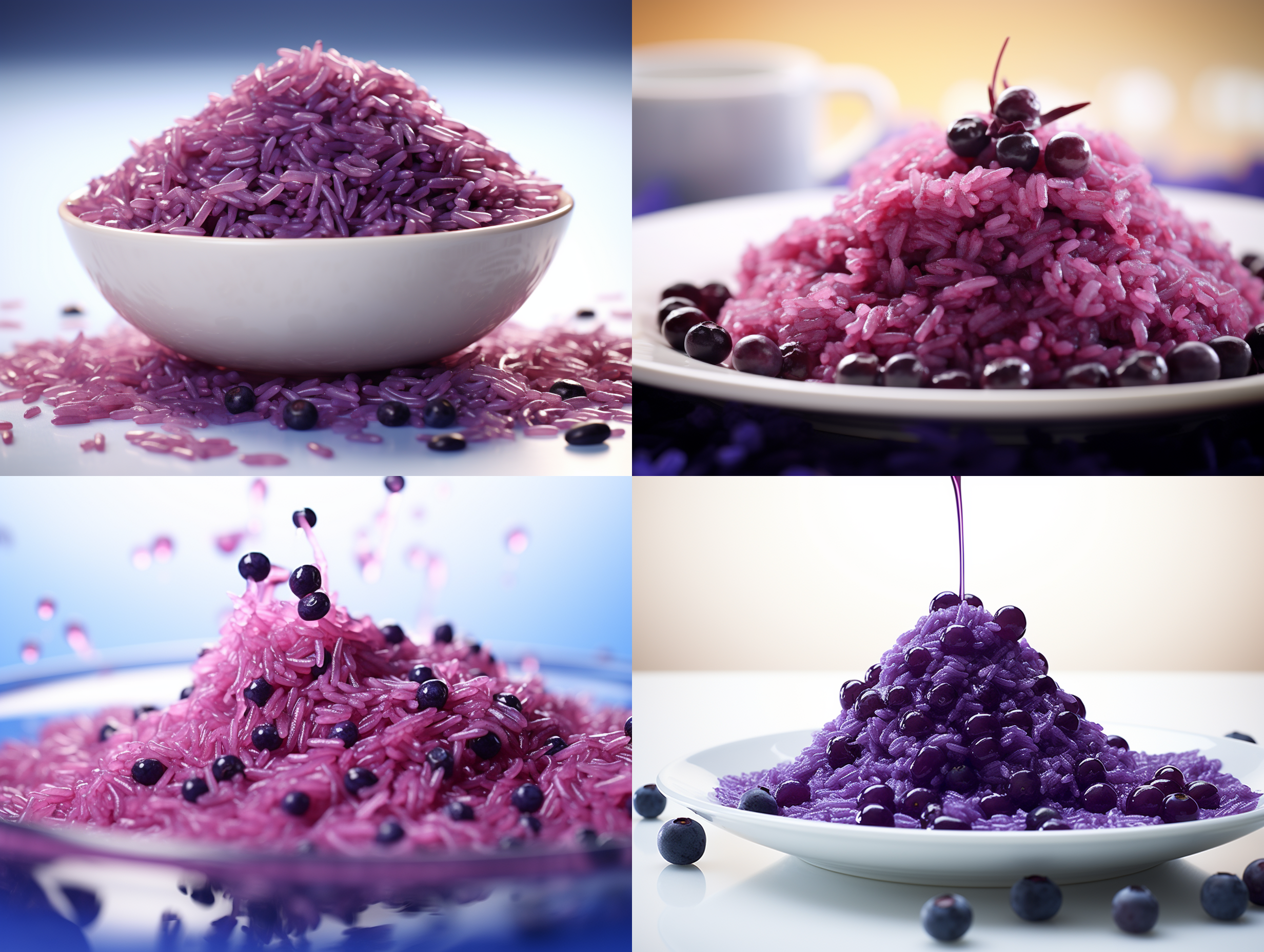 紫色米，蓝莓酱，紫米酱，流动感，正中构图，明亮环境，微距镜头，柔光，温暖色调，细节丰富，鲜艳颜色，诱人, 白色背景
