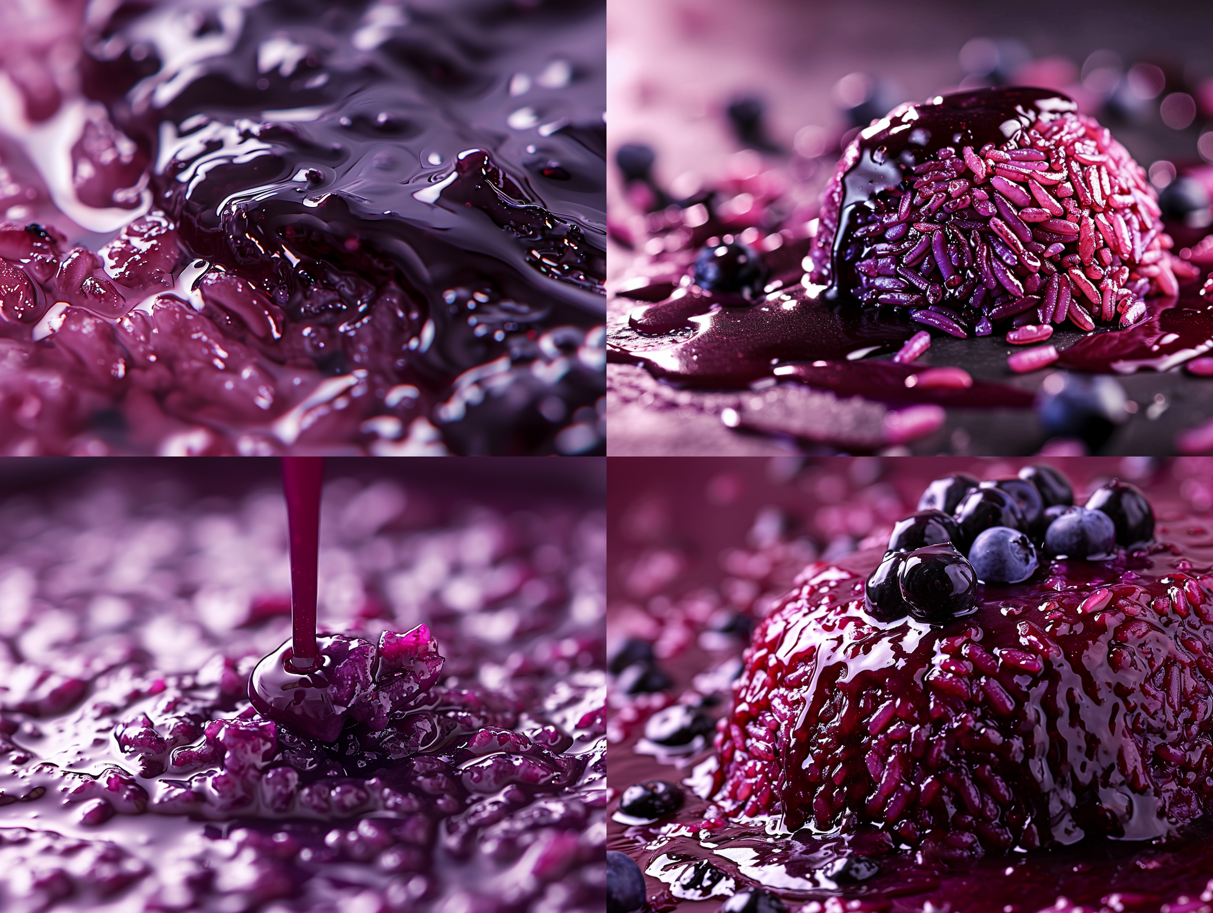 紫色米，蓝莓酱，紫米酱，流动感，正中构图，明亮环境，微距镜头，柔光，温暖色调，细节丰富，鲜艳颜色，诱人。