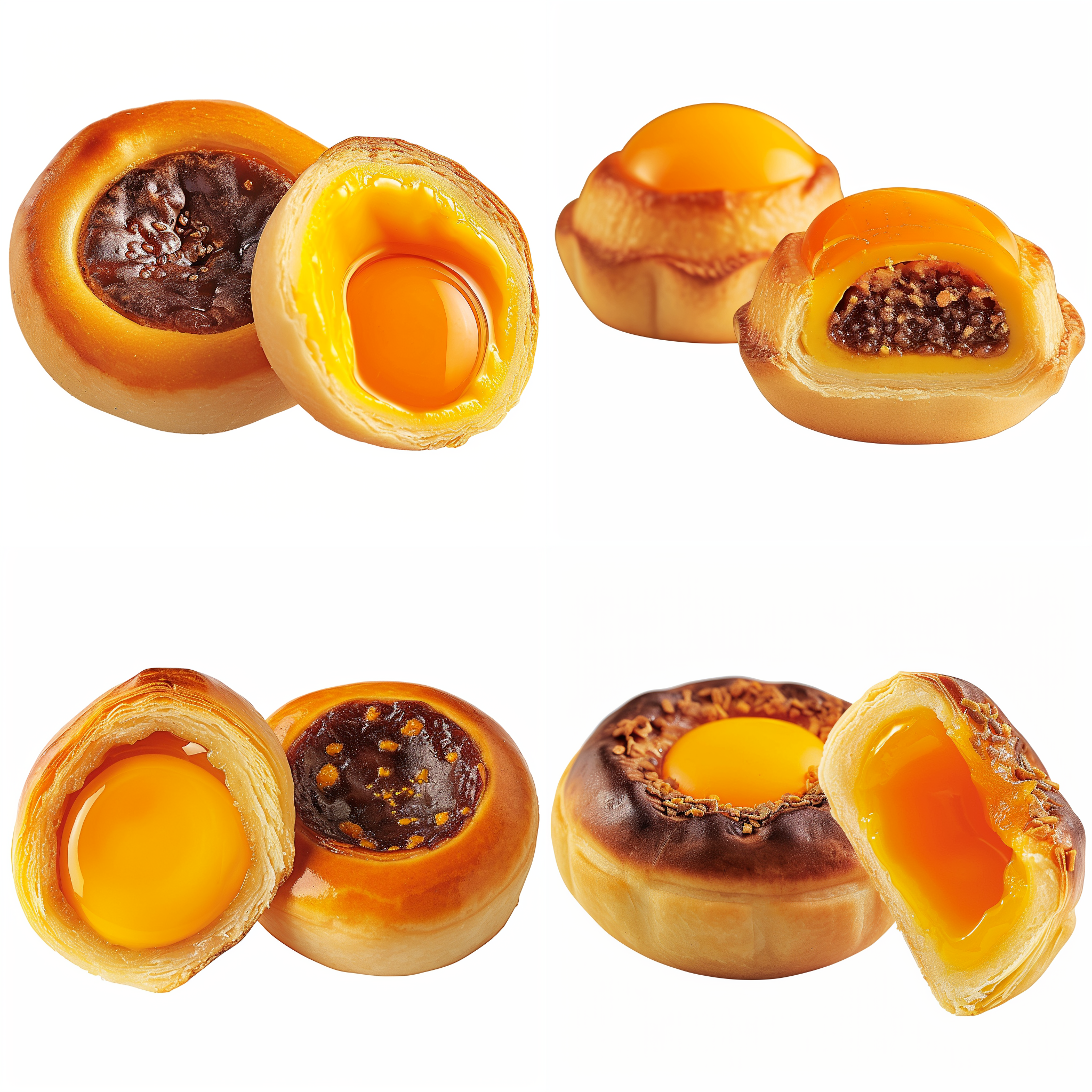 蛋黄酥，蛋黄，饼，明亮环境，微距镜头，高清，柔光，温暖色调，细节丰富，鲜艳颜色，诱人，白色背景，纯色背景 