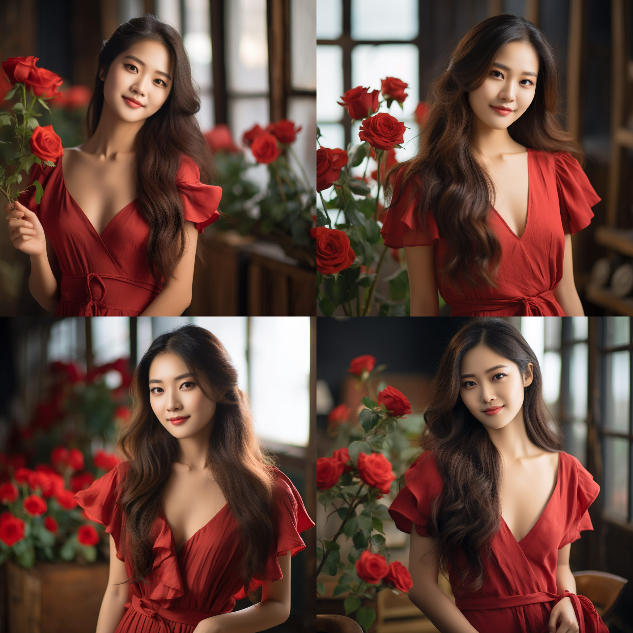 亚洲女人，长发，蝴蝶结，玫瑰花，红色齐胸连衣裙，微笑，面对镜头，柔光，浅景深，自然风格，温暖色调，优雅，青春活力。
