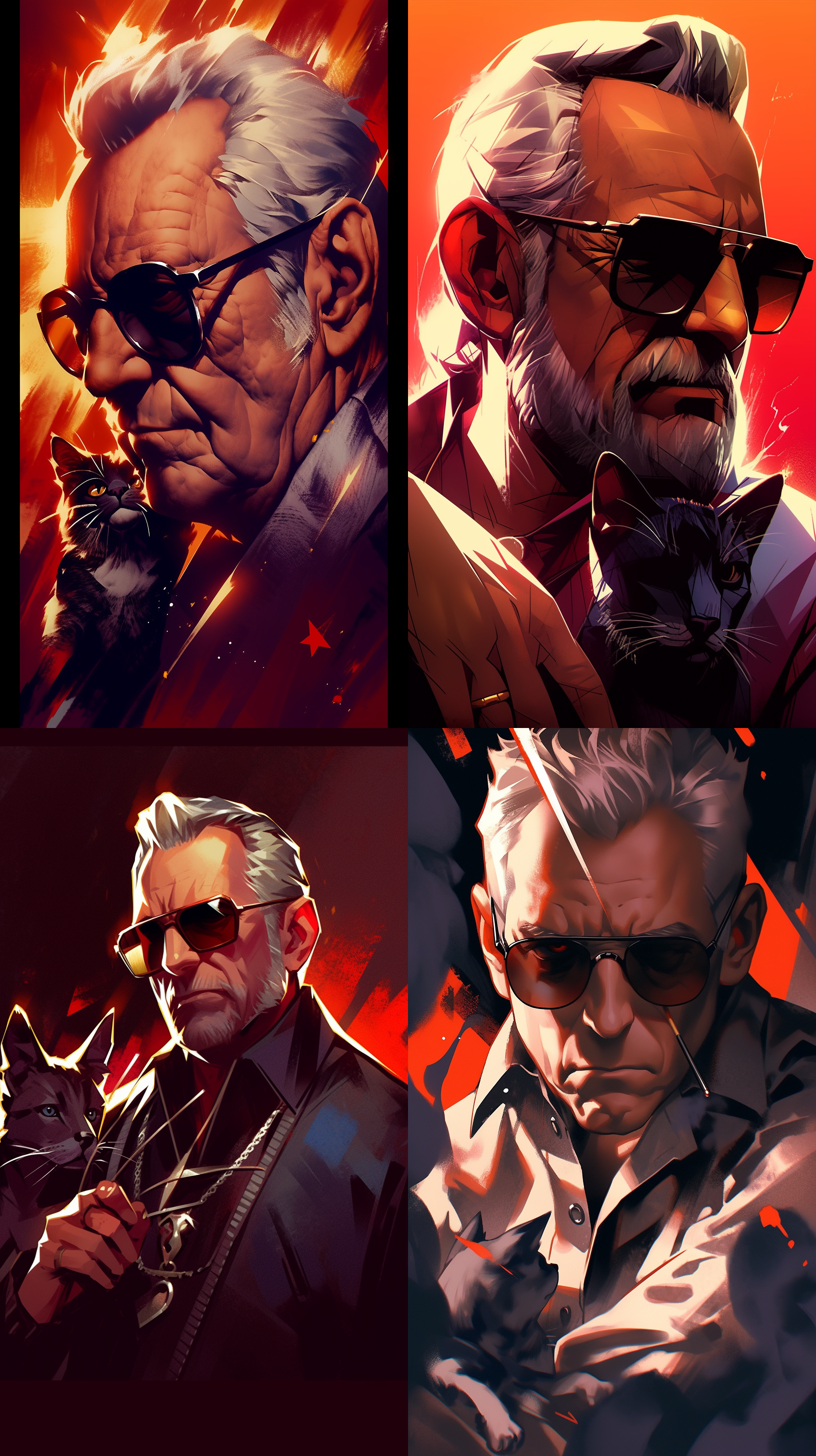 戴墨镜，白头发一丝不苟，严肃脸，老爷爷，侧脸，怀里一只黑色的猫，身后火色背景，