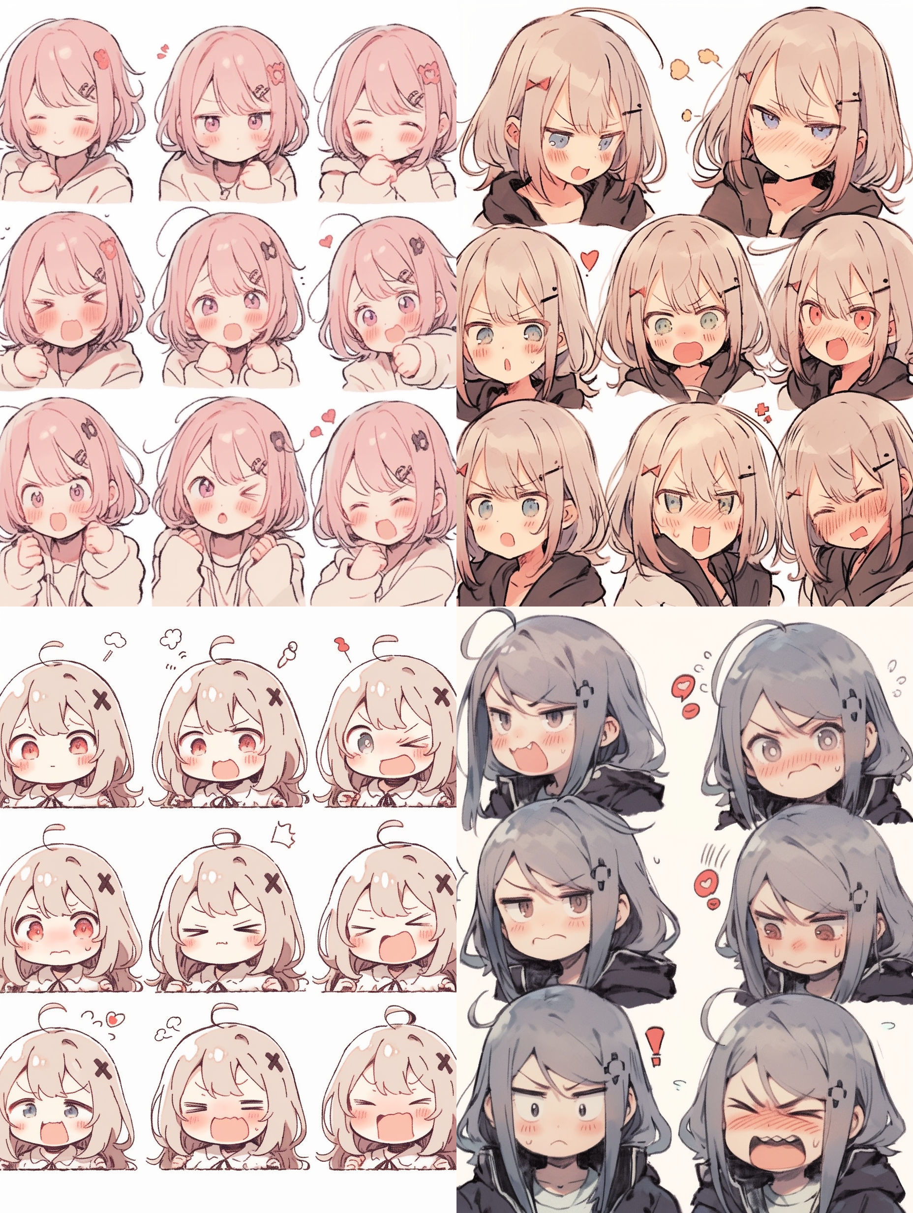 the various expressions of the baby,angry,happy,angry,coquettishexpressing love, etc, as an illustration set, with boldcomic lines, cute style, stick fiqure style, dynamic pose, white background, group, related personality, old memekernel, chalk