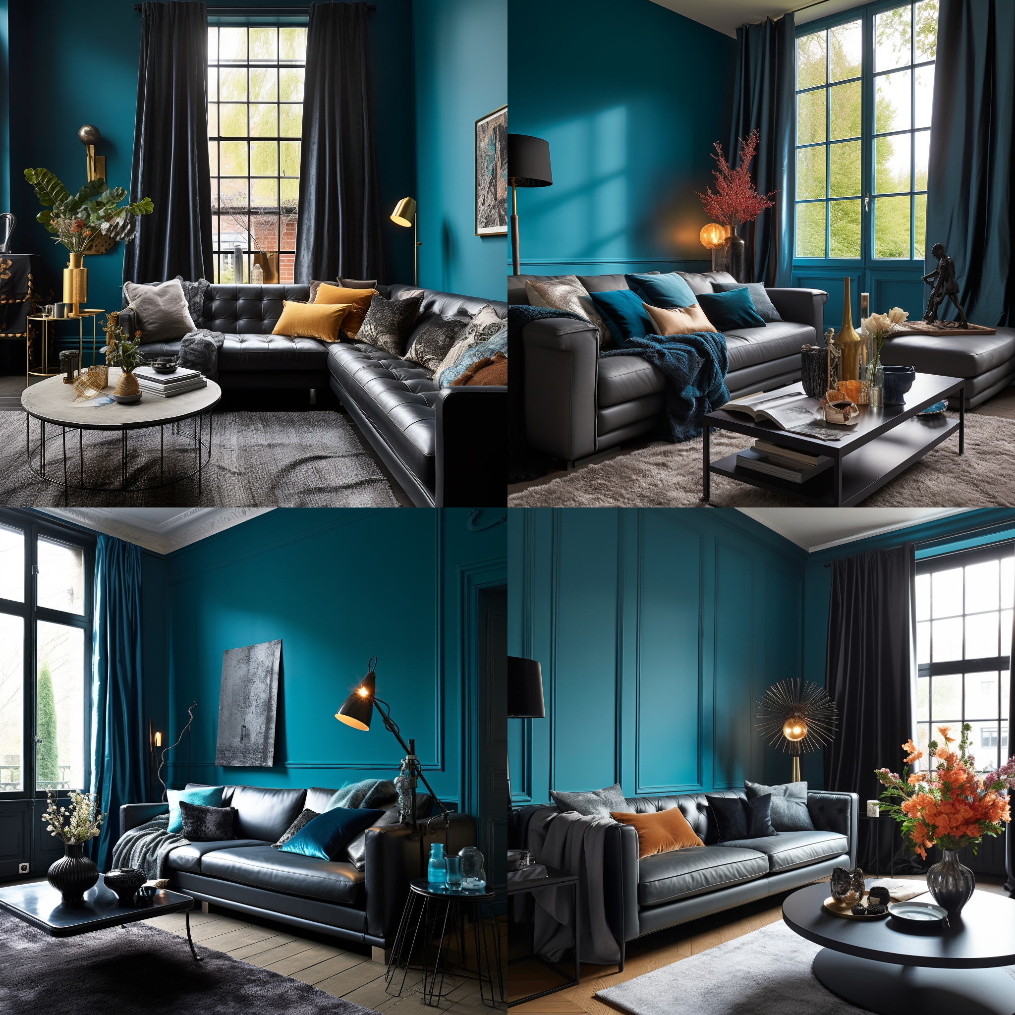 一个客厅，墙面是孔雀蓝的乳胶漆，右侧是落地窗，浅灰色的窗帘，客厅有一组深灰色的沙发，旁边是黑色工业风的落地灯