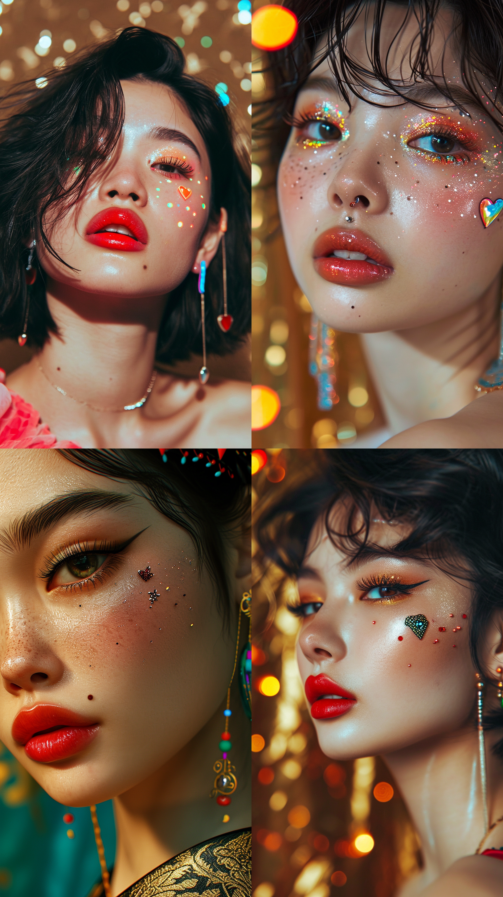 这张图片呈现出一位亚洲女性的特写。她的妆容精致，眼睫毛长而卷翘，眼线清晰，面颊上还有一个小心形的装饰或纹身。她的嘴唇涂有亮丽的口红，而且她戴着一对长款而富有色彩和光泽的耳环。她的头发被打造成俏皮的短发造型。背景是模糊的但可以看出点缀有节日气氛的金色光斑，可能是光线透过类似节日装饰物的投影产生的。整体照片给人一种优雅和节日庆祝的感觉。