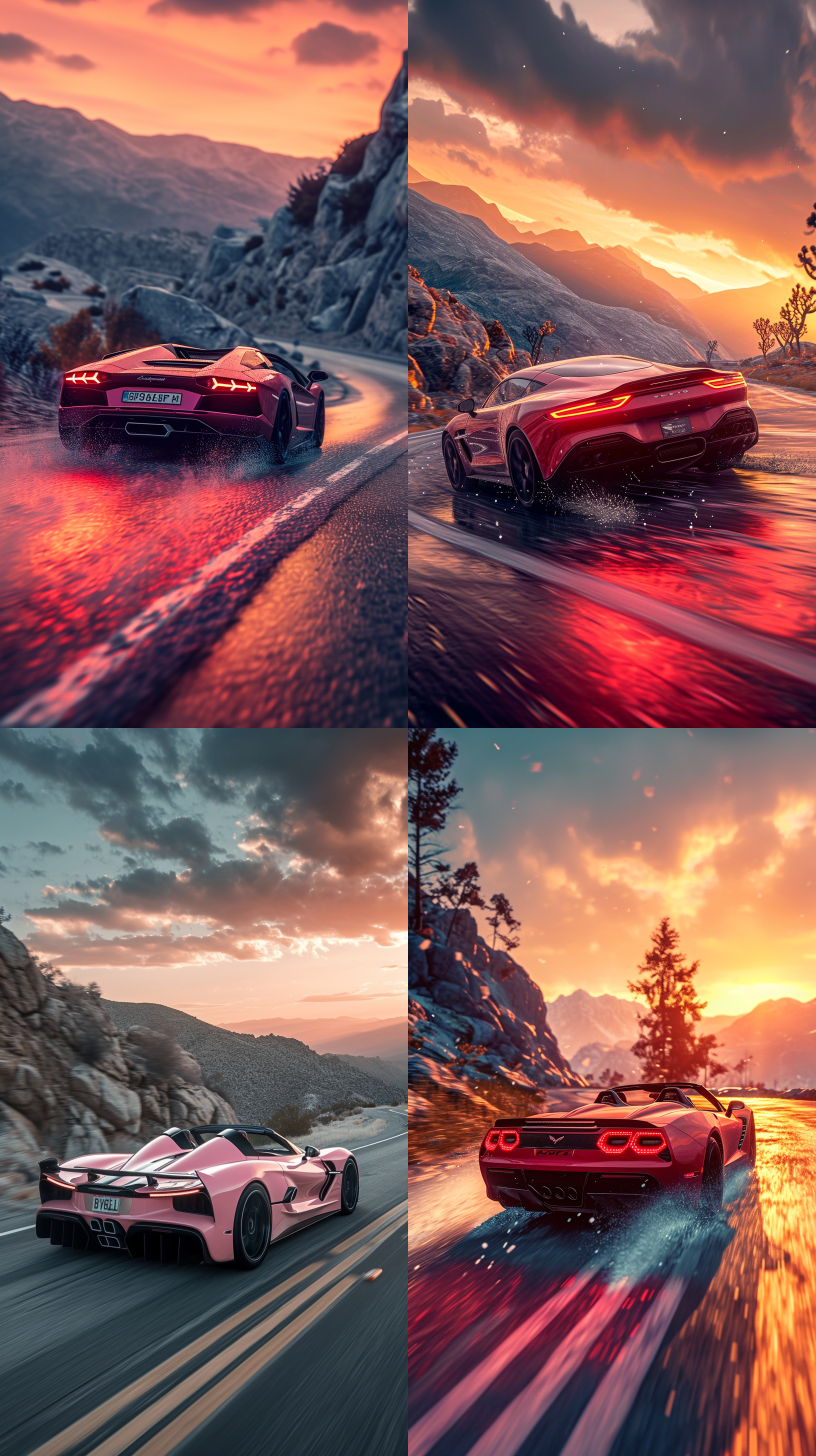 粉色敞篷超跑，驶过山脉公路，夕阳映照下，展现出动感与奢华。远近分层构图，宽广的景深，饱和度高，细节丰富。迅猛加速，后轮飞溅尘土，呈现出速度与冒险的氛围。