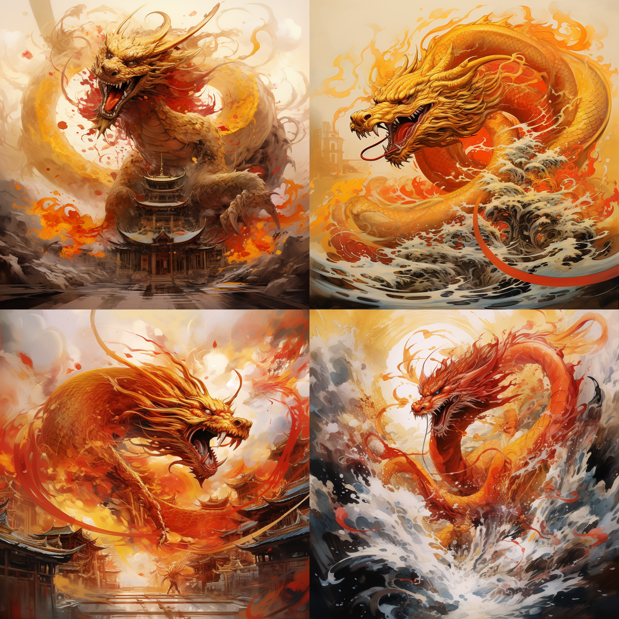 对角线布局，明亮的室外环境，传统水墨画风格，长焦镜头，柔和的侧光，动态的动作，喷射水花，金色的龙和珠子，浓烈的红色和金黄色，充满力量和神秘感。