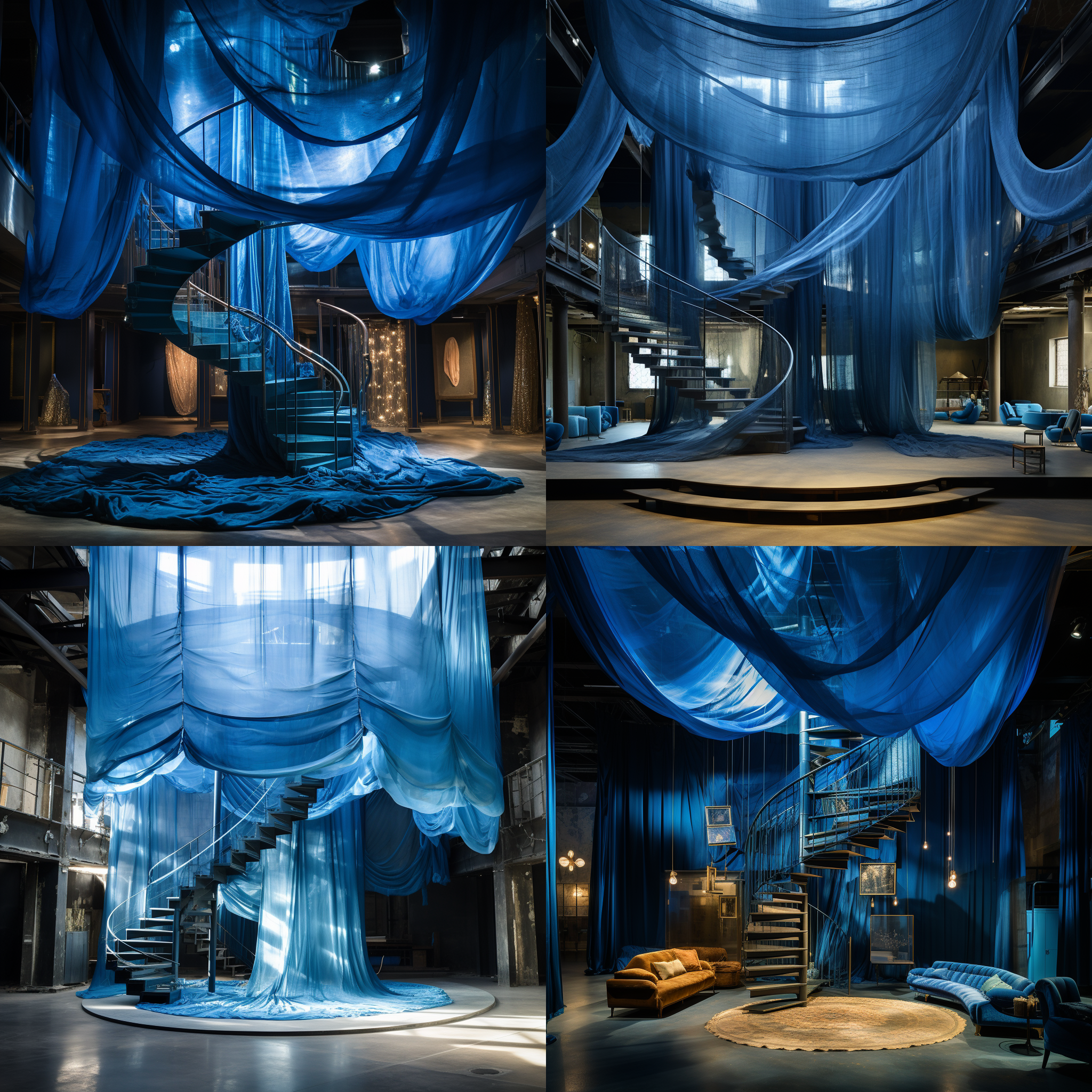一个10米高的空间，上方是采光天井，中间有一组铁艺旋转楼梯，楼梯周边是蓝色纱幕
