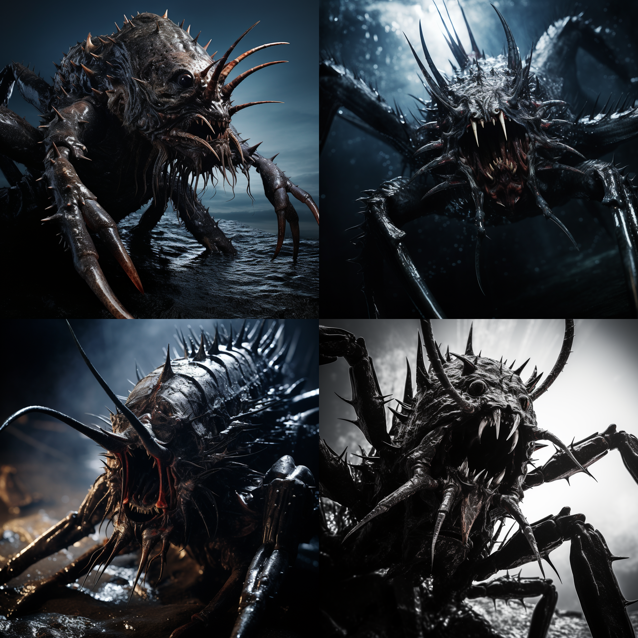 异形生物，黑色甲壳，兽脚类，巨大，刺，畸变地表，恐怖，高对比度，广角镜头，暗光，威胁，独特。