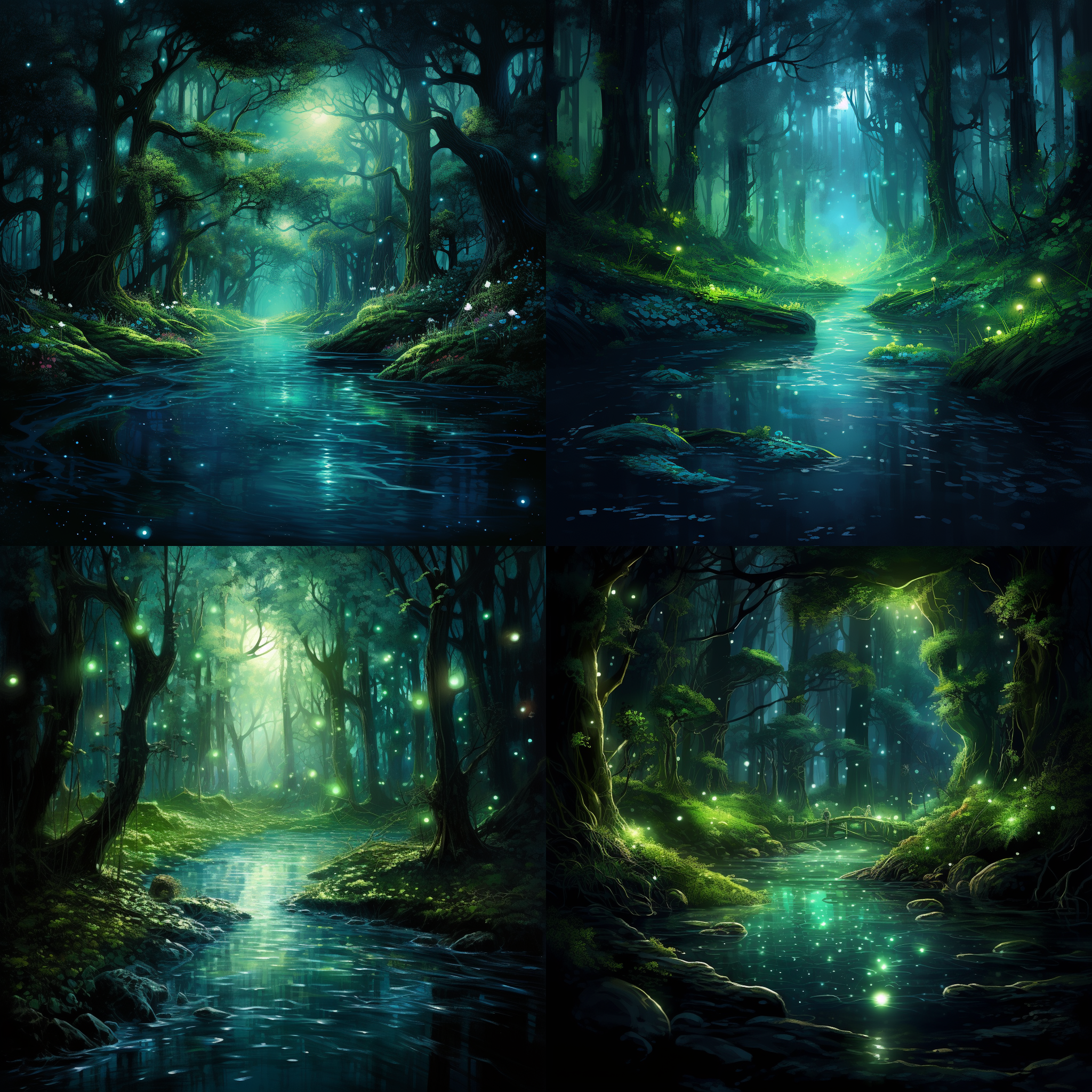 童话森林，梦幻光点闪烁。荧光绿光环绕，月光洒满水面，蓝色光芒点缀，魔法般圣地。神秘感四溢，荧光绿光，点光，月光，蓝色光芒，神秘，梦幻。