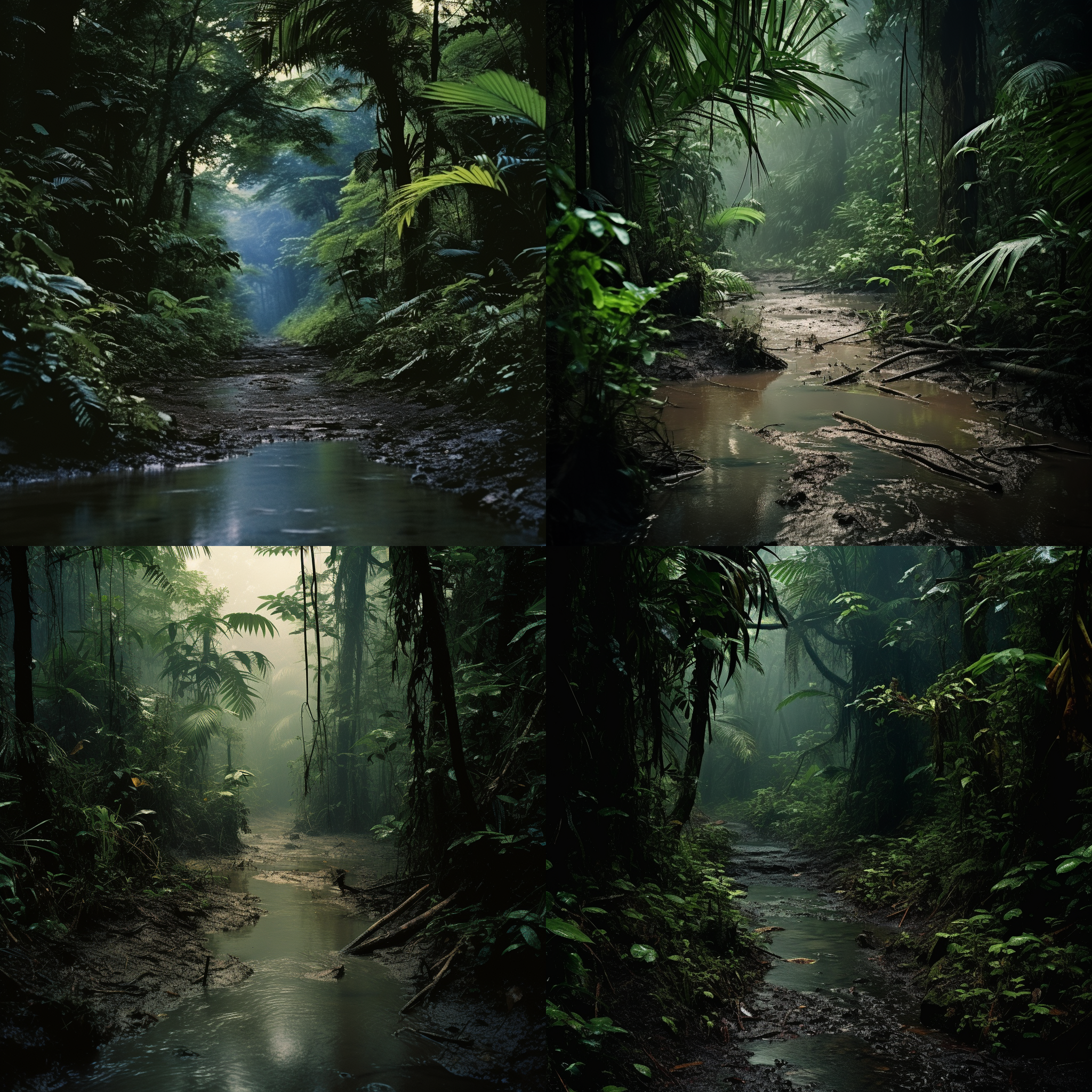 昏暗热带雨林，泥泞小路，洪水扑来，远景，低饱和度，宽容曝光，柔和光线，湿漉漉，浓密植被，恐惧，紧张。