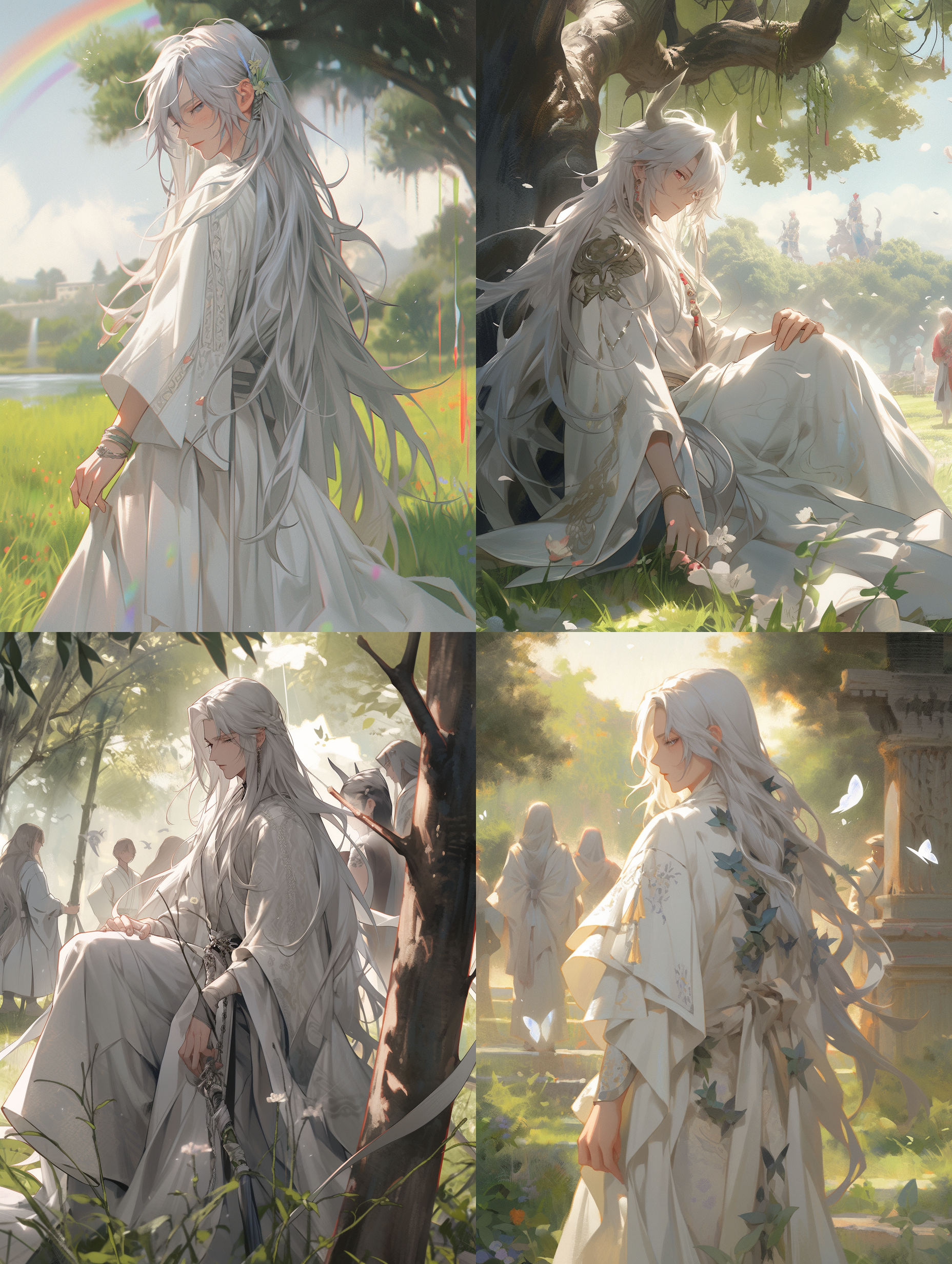 帅气银发男子，古风元素，细节丰富，立体感，远景树木背景，明亮色调，透视效果，广角镜头，阳光照射，动态姿势，飘逸长袍，自信坚毅，宏大气势。