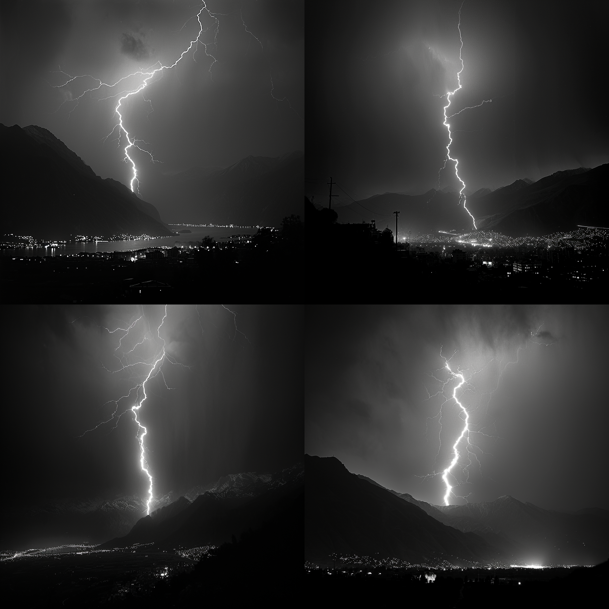 上帝之鞭，阿提拉，巍峨的山脉背景下，一道闪电划破夜空。构图对称，高动态范围，黑白风格，远处的城市灯光映衬着闪电。长焦距镜头，快速快门，瞬间定格，令人震撼，神秘。