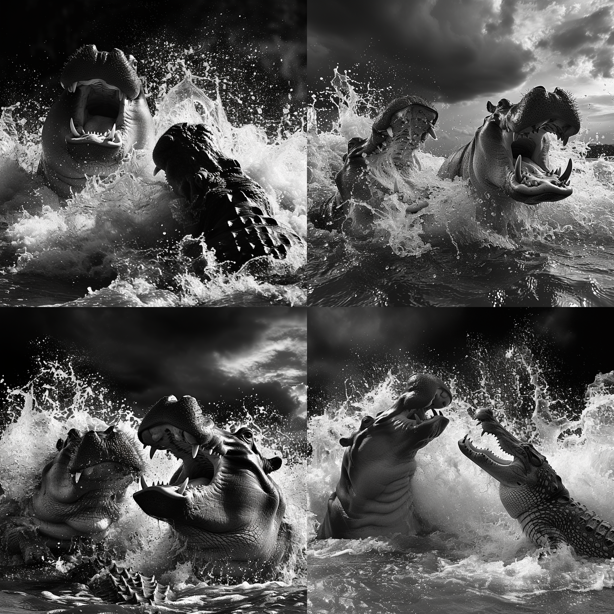 河马大战鳄鱼，水中对峙，饥饿与生存的对抗，黑白摄影，广角镜头，水中逆光，剧烈动作，浪花四溅，危险与恐惧。