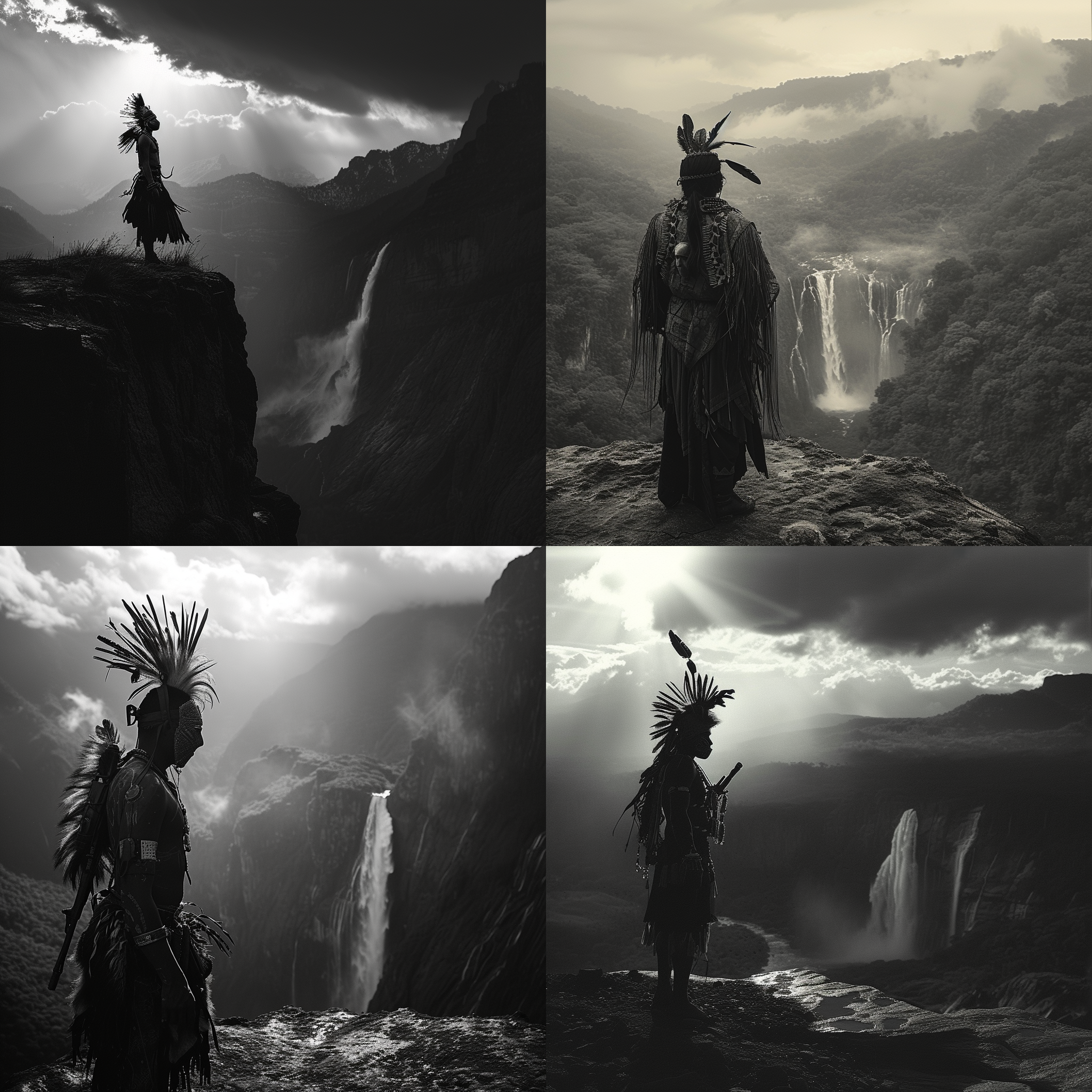 印地安部落男战士，傍晚时分，脸上涂着面具，站在高地上，背景是壮丽的山脉和瀑布。黑白摄影，逆光，长焦镜头，沉静，自豪，野性，神秘，力量，尊严。