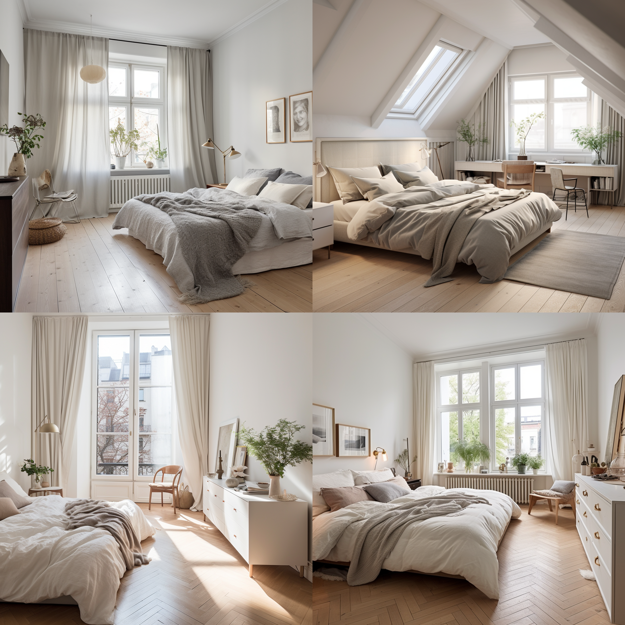 一间卧室，白色的墙面，右侧是落地窗，浅麻色的窗帘，浅色斜拼木地板，浅灰色的床和梳妆台