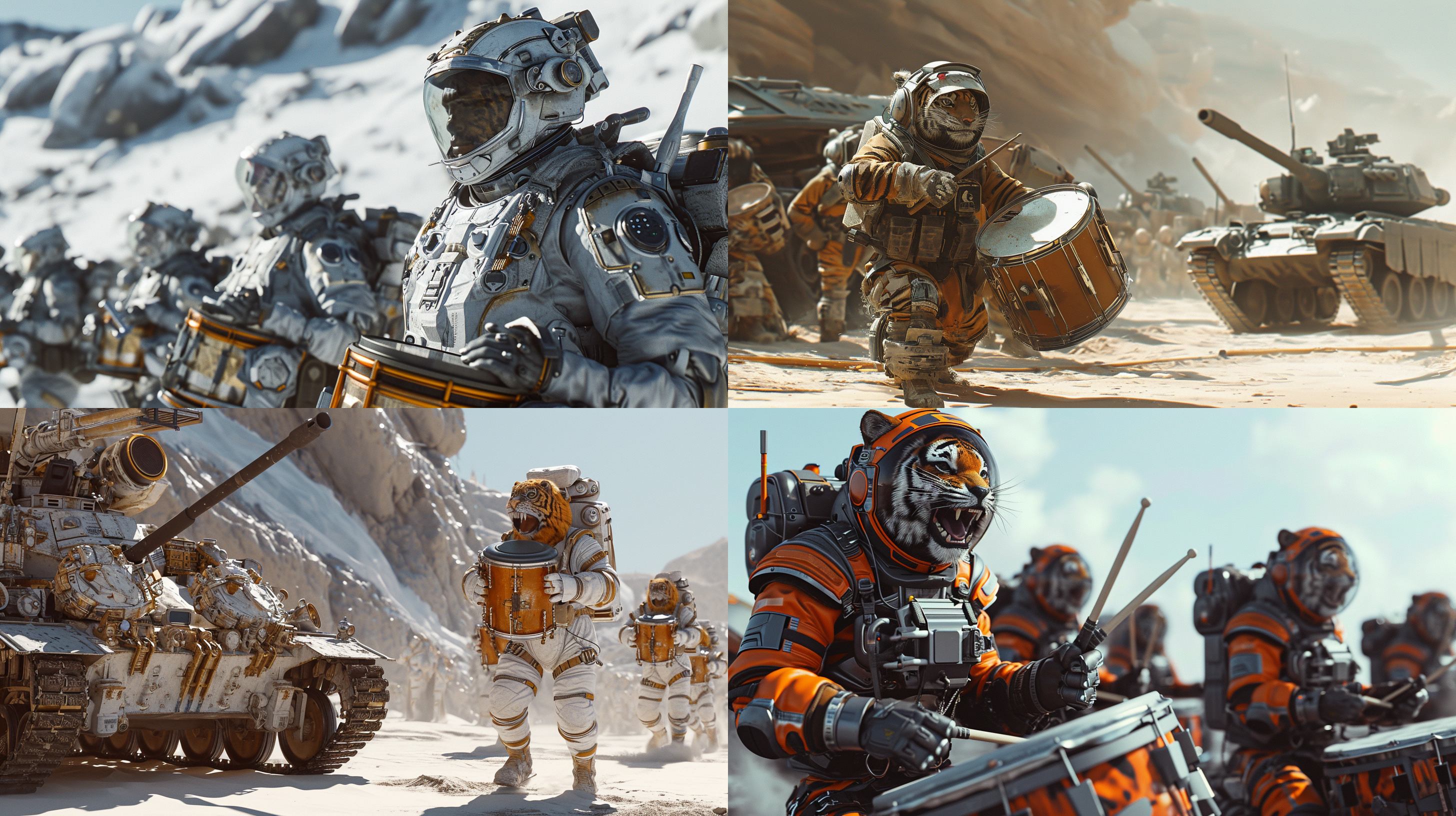 穿着太空服的虎兵在打鼓，旁边有坦克。虚幻引擎，超真实 白色背景，动画艺术 动画艺术 动画艺术 动画艺术 动画艺术