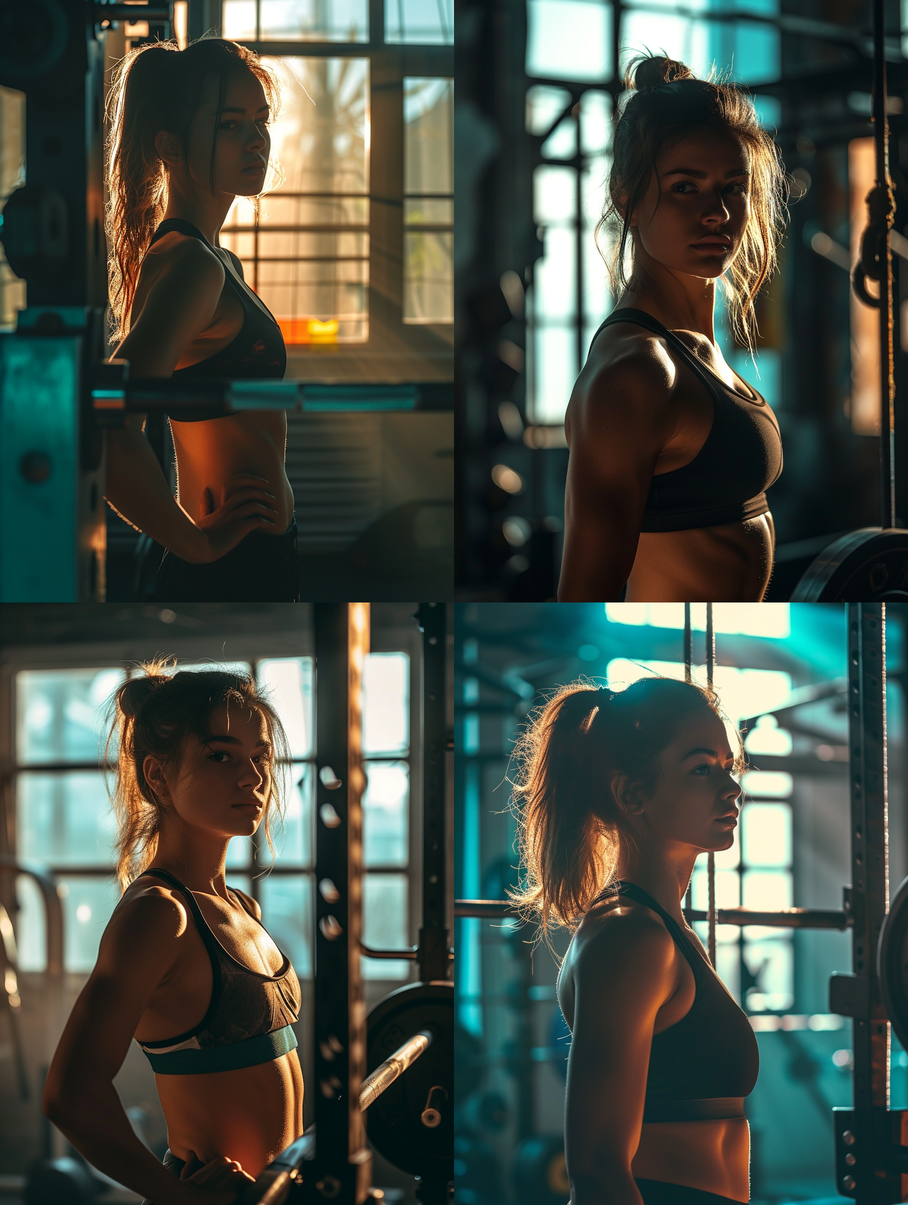 少女在健身房中，背景是明亮的环境，她站在镜子前，正在进行举重训练。照片呈现出高饱和度的色彩，使用广角镜头拍摄，以突出她的动作和力量感。光线透过窗户投射在她身上，营造出温暖而活力四溢的氛围。她身姿挺拔，表情专注，展现出坚持不懈和自信的情感。