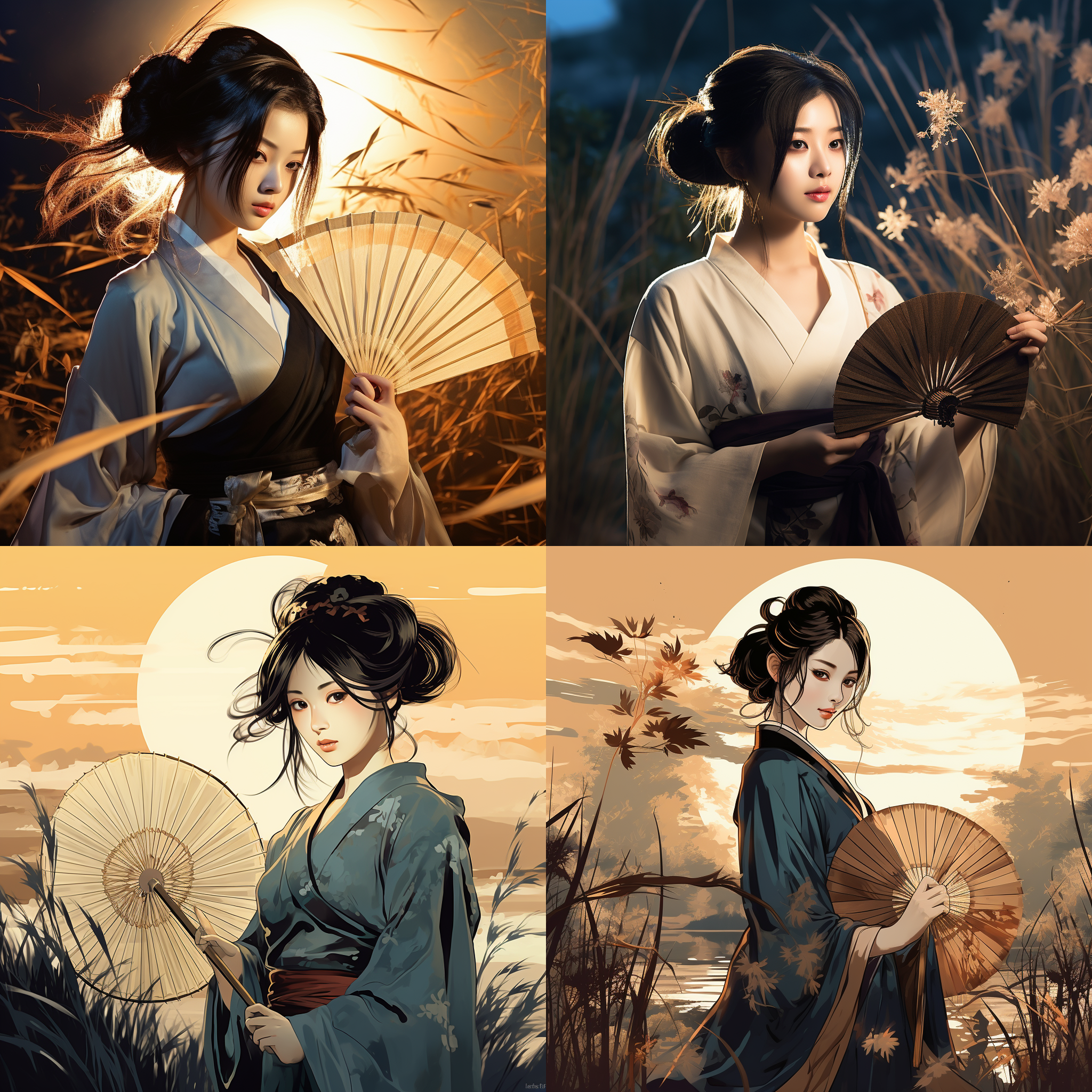 北条司漫画风格，唐装少女，手持蒲扇，挥毫泼墨，近景特写，褐色眼睛，黑色头发，苏式园林背景，皓月当空。细腻线条，明暗对比，柔和光影，静态姿势，凝视镜头，优雅氛围，传统文化，神秘情感。