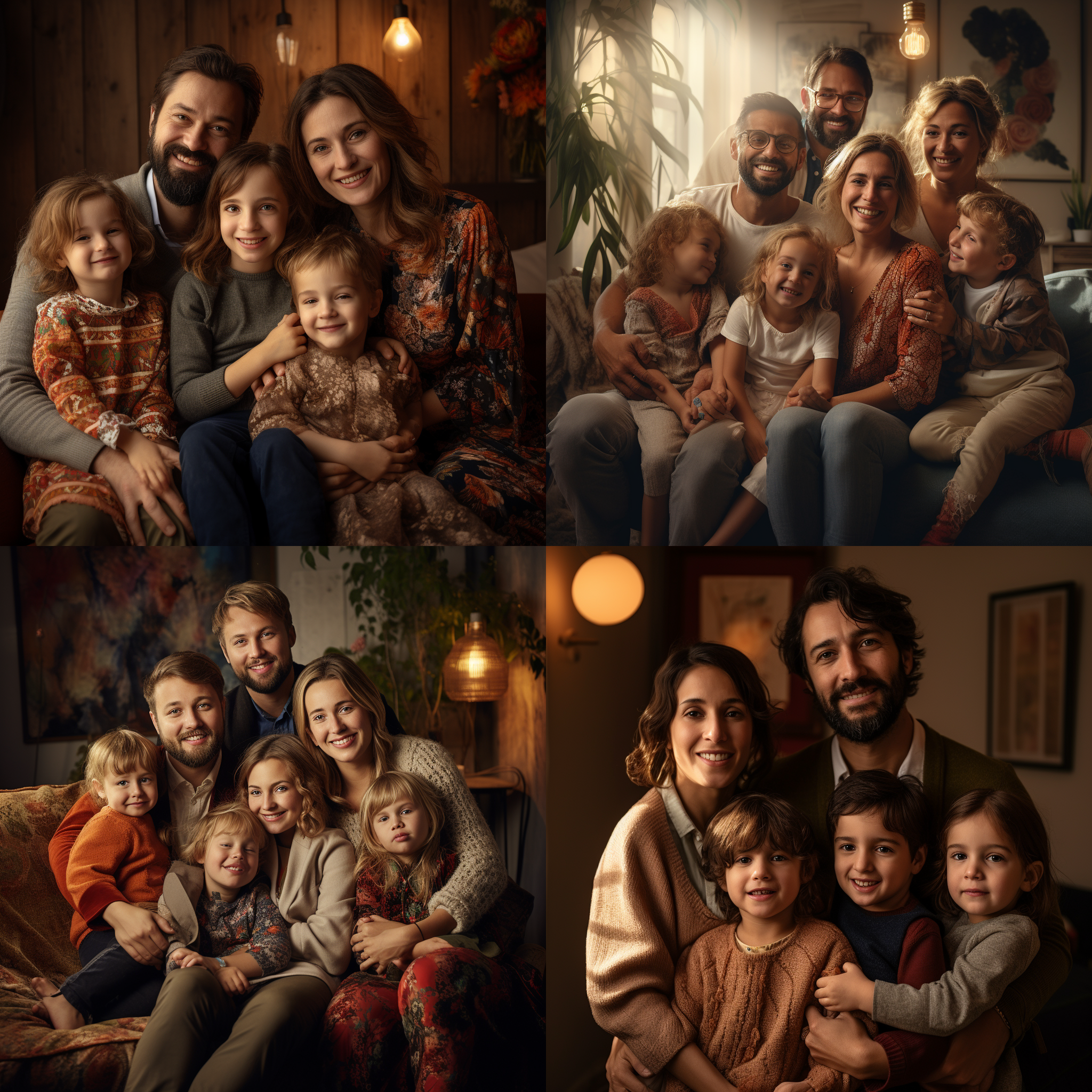 5口人一同合影，中间是父母坐在沙发上，两个孩子站在两侧，最小的孩子坐在父母腿上。室内环境，柔和光线，温暖色调，肖像风格，笑容满面，幸福家庭的氛围。