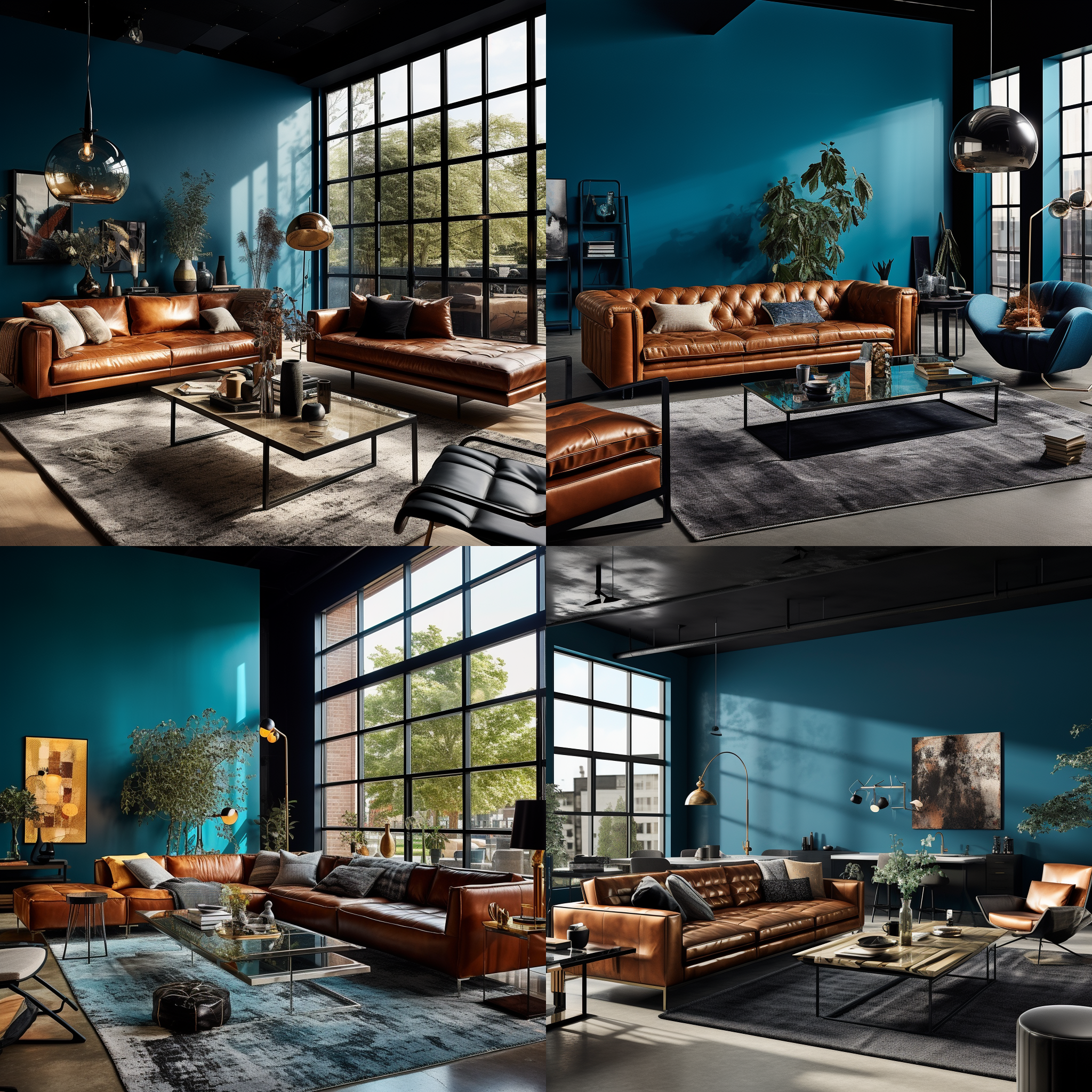 一个客厅，墙面是孔雀蓝色的乳胶漆，右侧有玻璃幕墙，客厅一组棕色皮质沙发，旁边有一组黑色工业风的落地灯，沙发旁边是一组餐桌