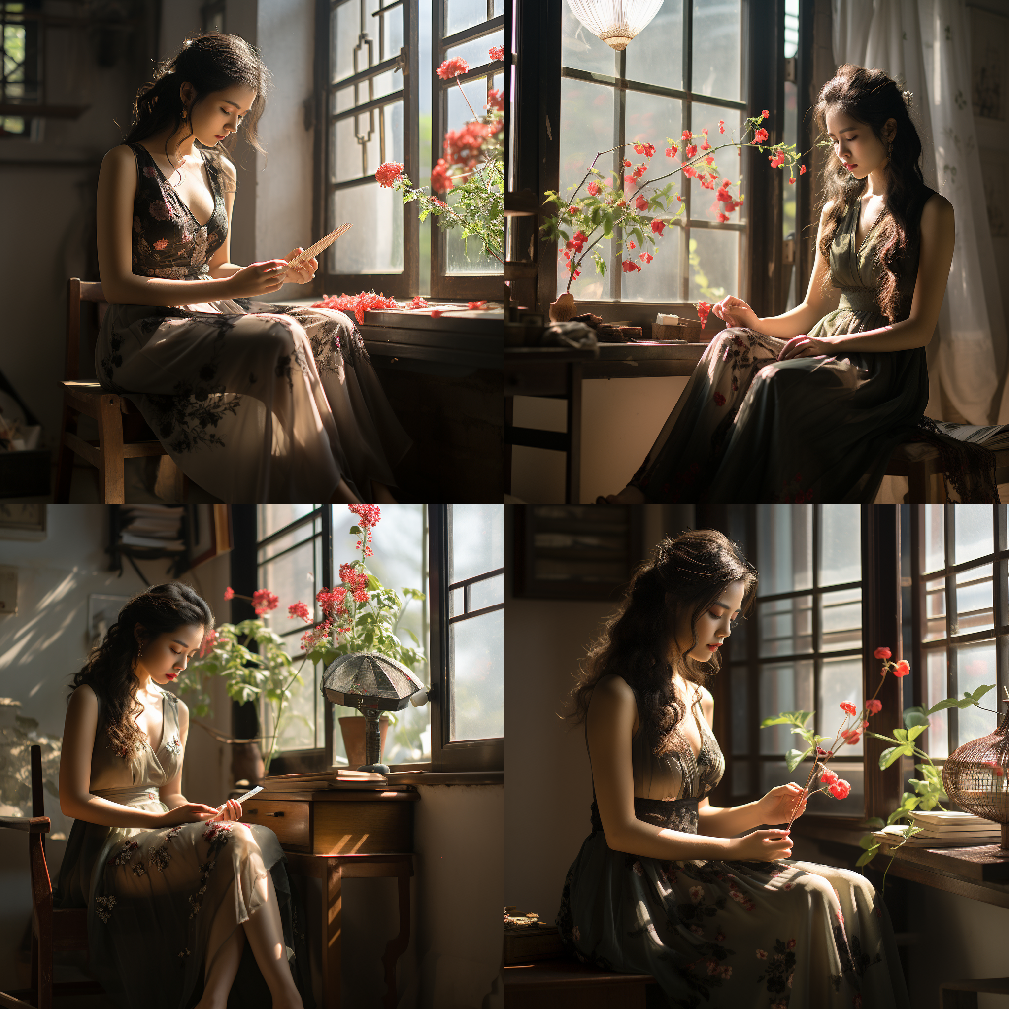 中国女人，瓜子脸，妩媚，丸子头身着红旗袍和黑高跟鞋，涂着红色口红，手持扇子，坐在椅子上翘着腿，年轻羞涩，优雅端庄，色彩柔和，窗户边上有花盆。传统风格，柔光，复古色调，精心安排的构图，细节丰富，娴静，温柔，神秘，自信。