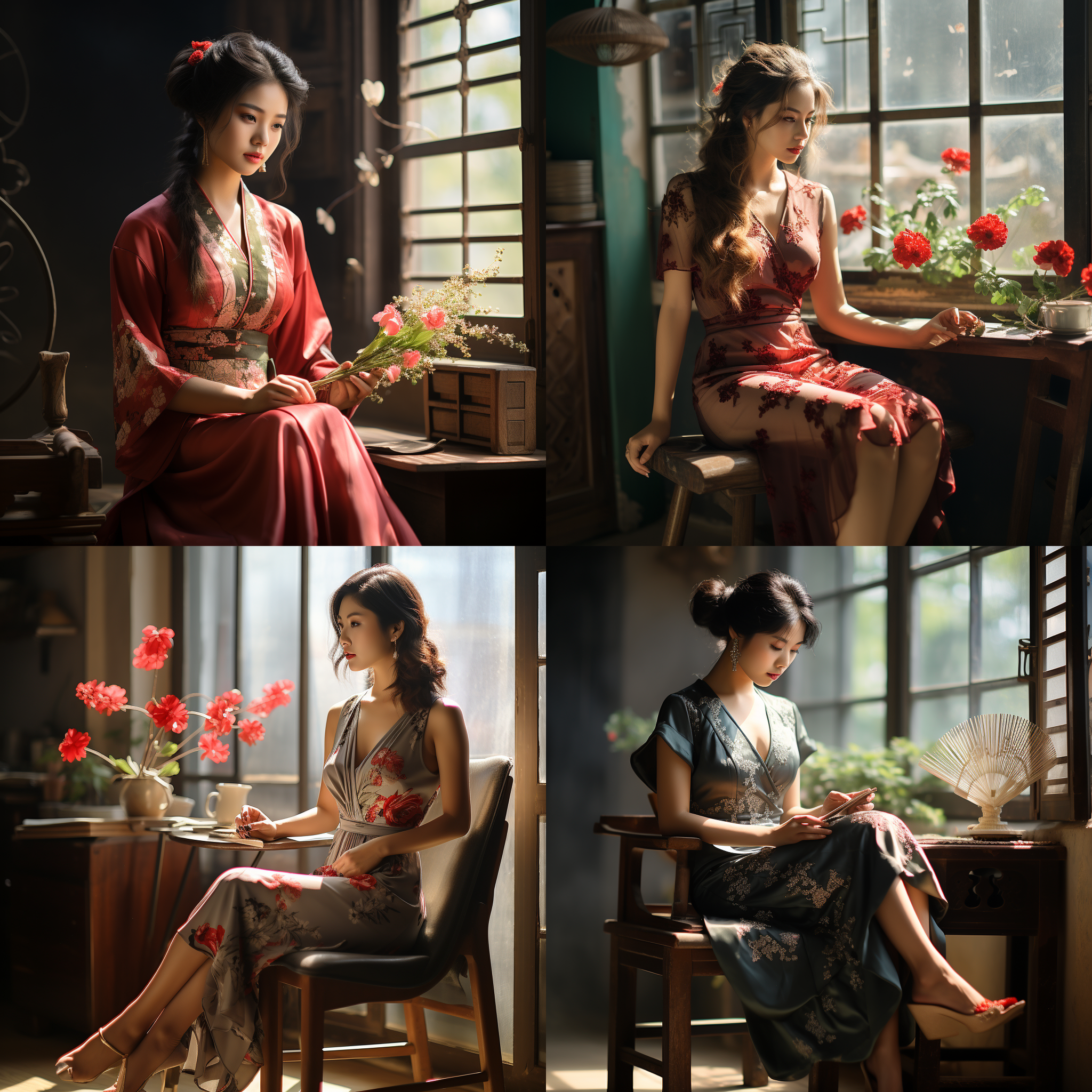 中国女人，瓜子脸，妩媚，丸子头身着红旗袍和黑高跟鞋，涂着红色口红，手持扇子，坐在椅子上翘着腿，年轻羞涩，优雅端庄，色彩柔和，窗户边上有花盆。传统风格，柔光，复古色调，精心安排的构图，细节丰富，娴静，温柔，神秘，自信。