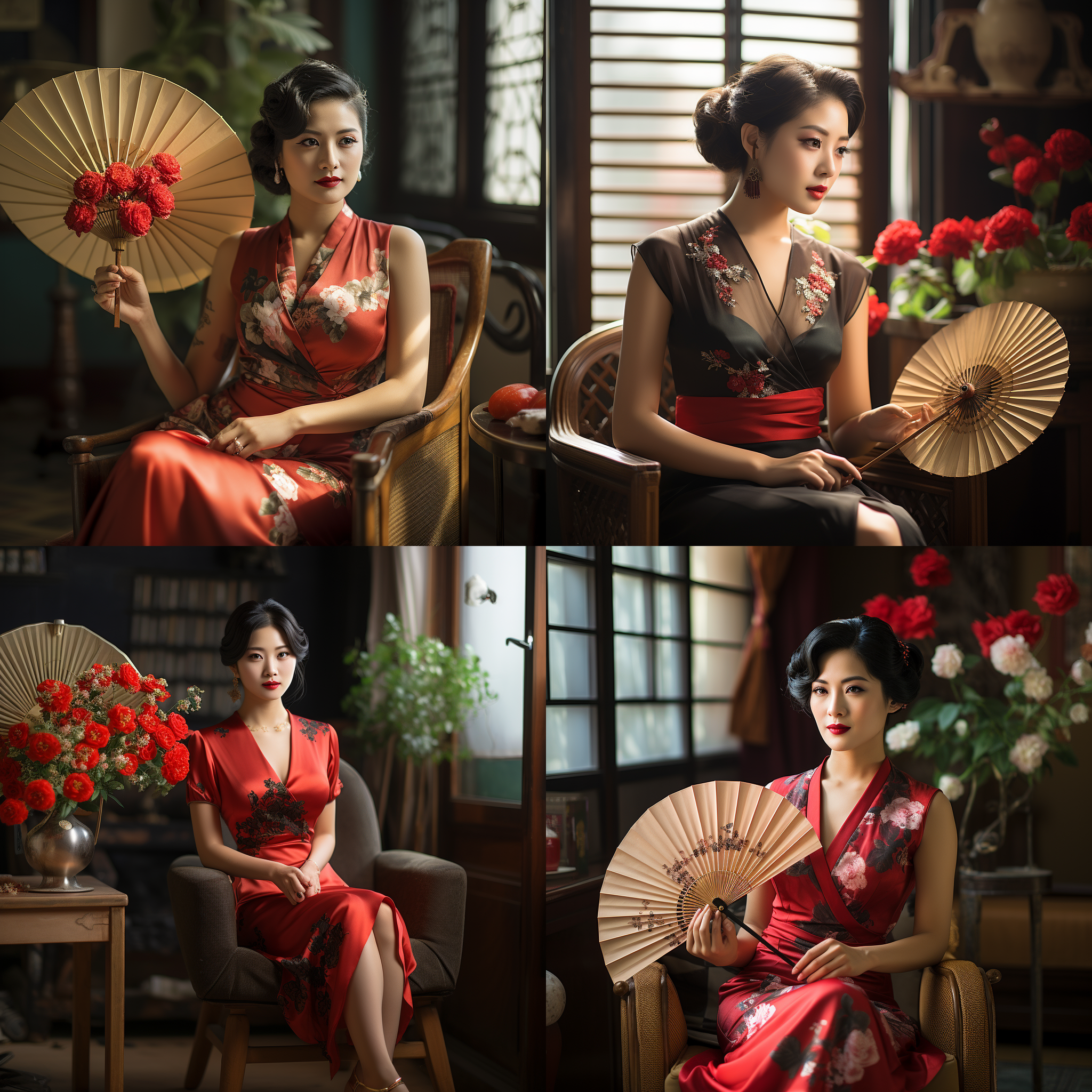 中国女人，瓜子脸，妩媚，丸子头身着红旗袍和黑高跟鞋，涂着红色口红，手持扇子，坐在椅子上翘着腿，年轻羞涩，优雅端庄，色彩柔和，窗户边上有花盆。传统风格，柔光，复古色调，精心安排的构图，细节丰富，娴静，温柔，神秘，自信。