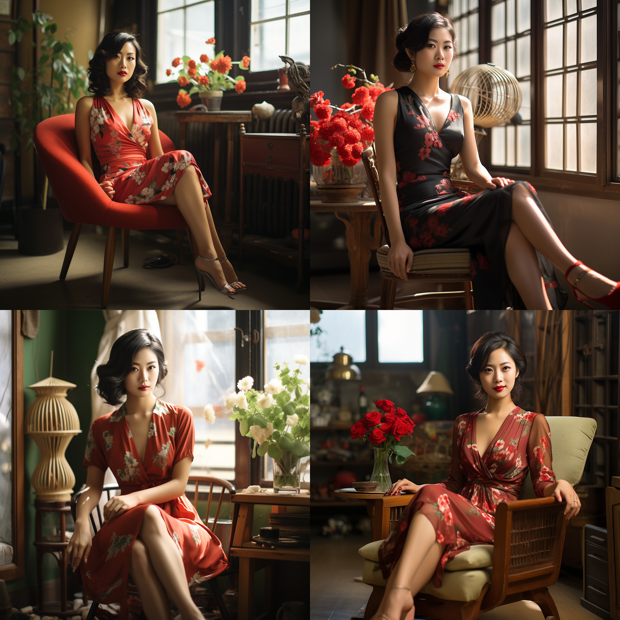 中国女人，瓜子脸，妩媚，丸子头身着红旗袍和黑高跟鞋，涂着红色口红，手持扇子，坐在椅子上翘着腿，年轻羞涩，优雅端庄，色彩柔和，窗户边上有花盆。传统风格，柔光，复古色调，精心安排的构图，细节丰富，娴静，温柔，神秘，自信。