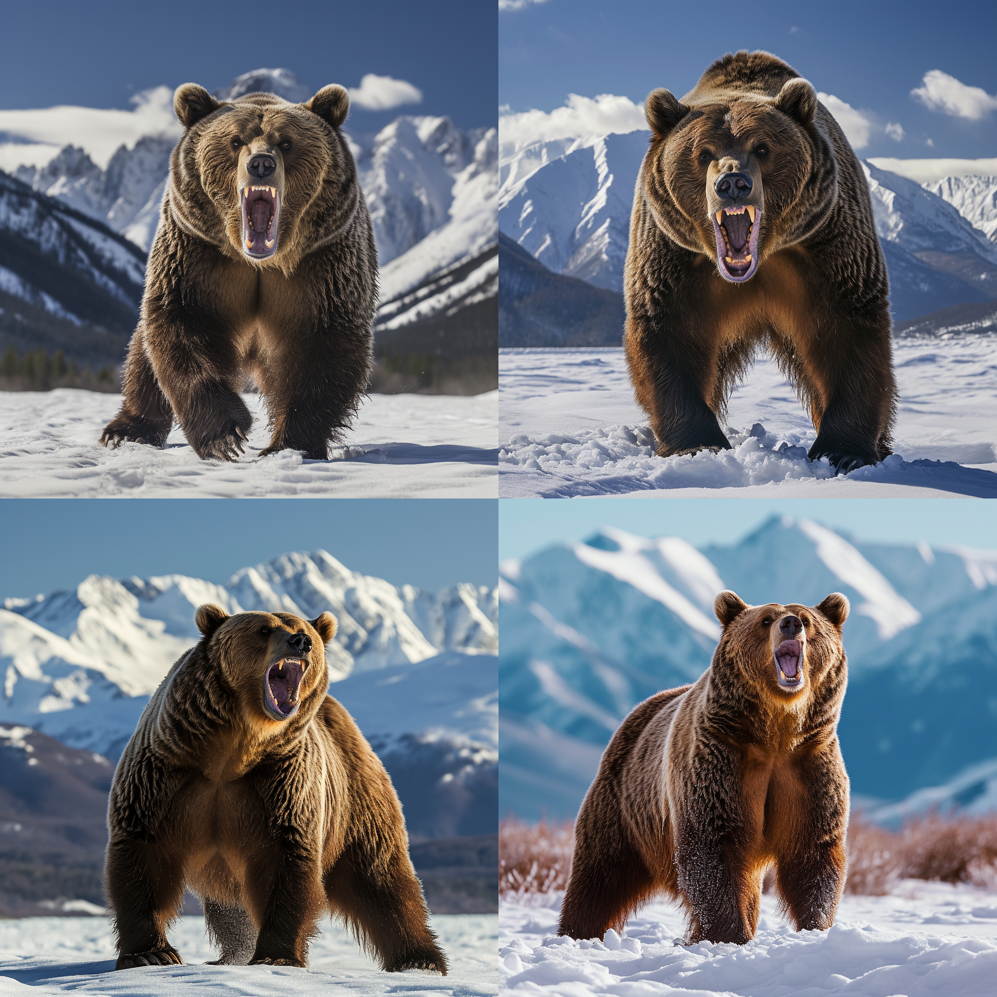 狂爆的棕熊，站在雪地上，背景是壮丽的山脉。图像呈现出高对比度和饱满的色彩，展现了棕熊的力量和威严。使用长焦镜头捕捉到细节丰富的表情和肌肉线条，拍摄时使用了侧光来营造戏剧效果。照片中棕熊正张开巨大的嘴巴，仿佛要发出一声震天的咆哮。