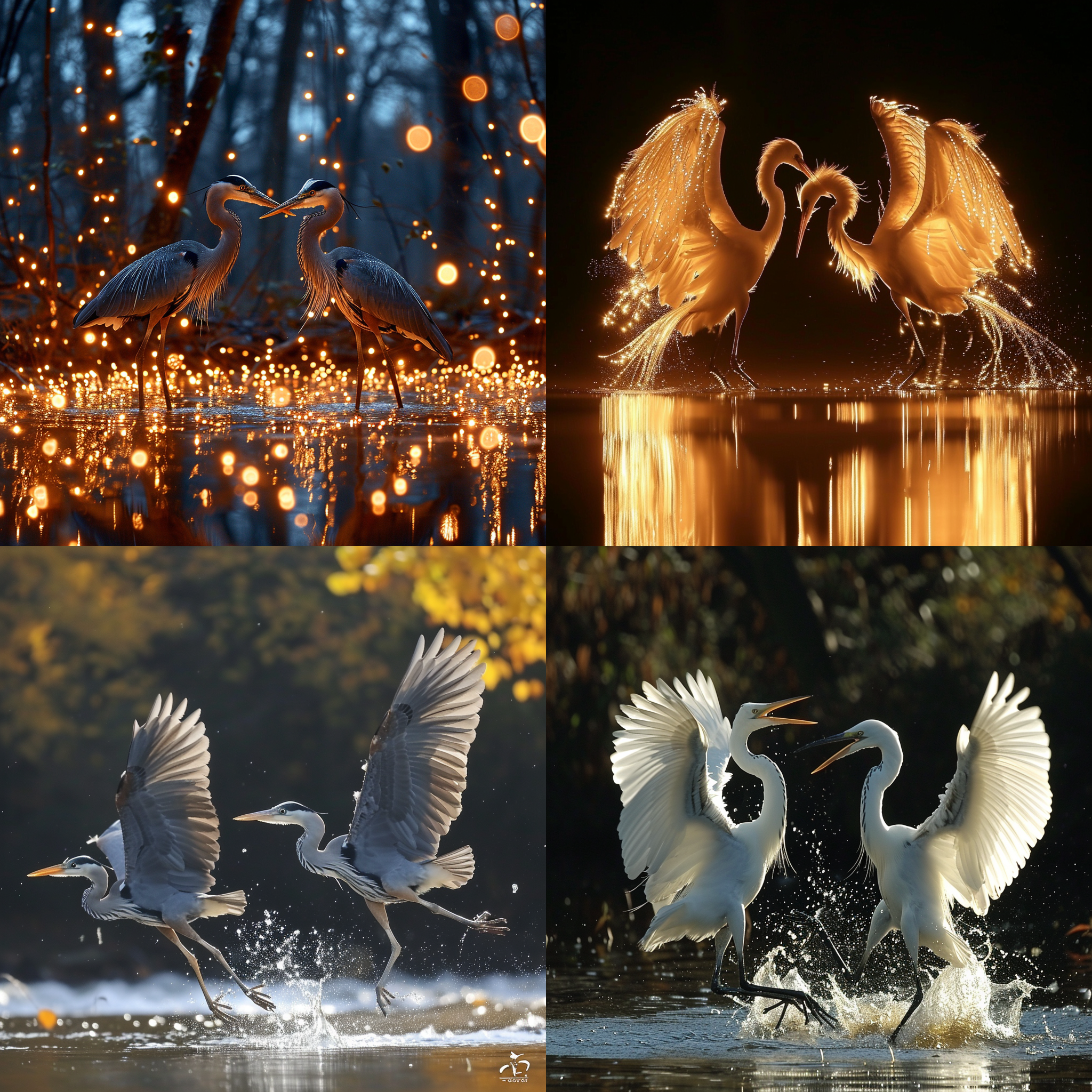 腾空的两只苍鹭在打斗，两只脚离开水面，争抢鱼，逆光，水面金色，大光圈长焦镜头，光晕