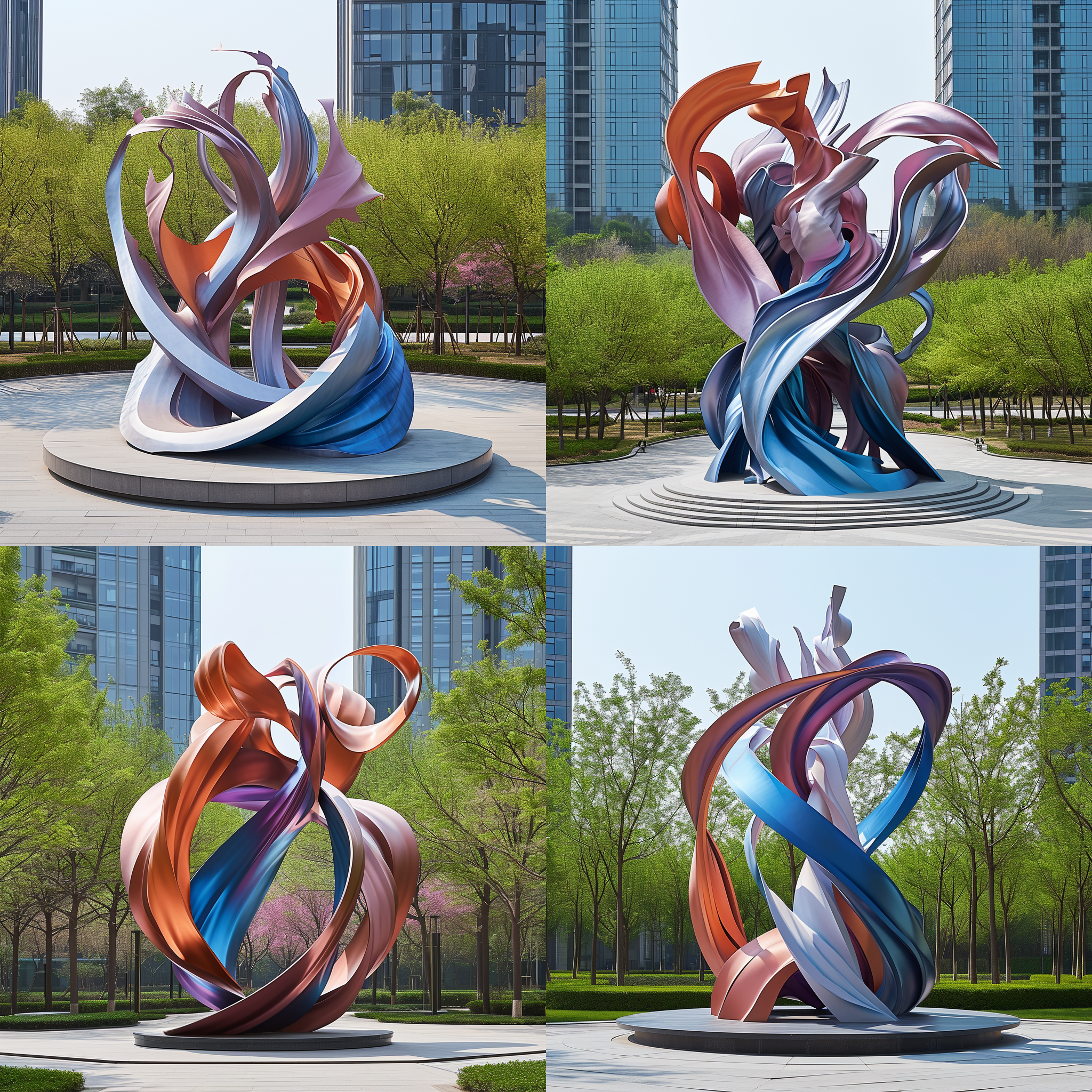 雕塑体量增大，精神堡垒大小，公园入口节点，半鸟瞰视角，雕塑风格，细一些，突出飘带，孝字现状，纹理丰富，明亮色调，对比强烈，大光圈，长焦镜头，平衡感，庄重肃穆。