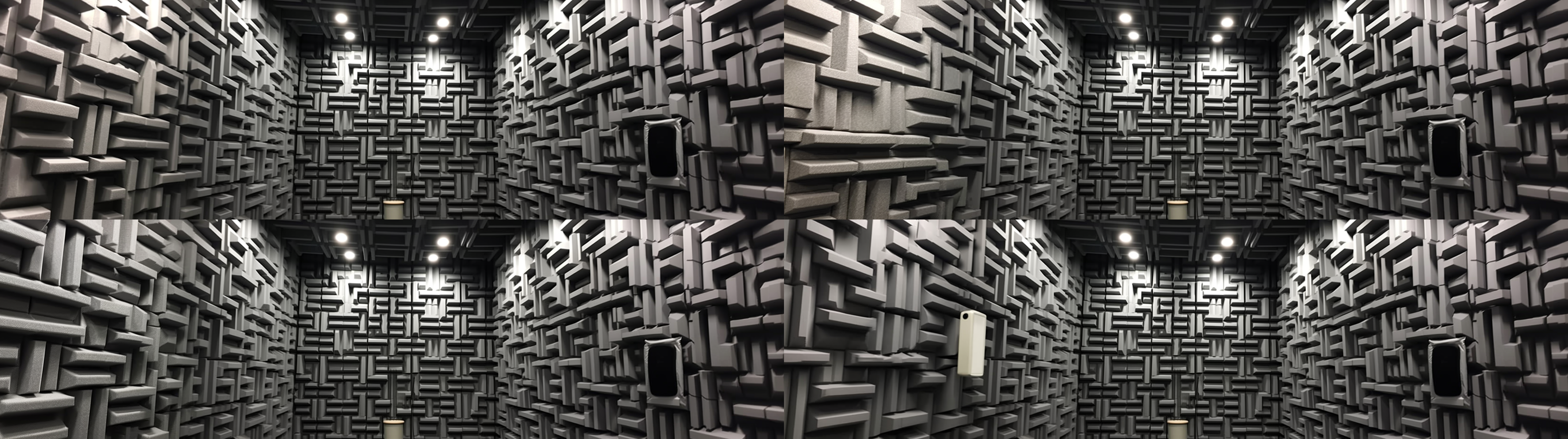 消音室，巨大，消音棉，黑色，墙上，形状相同，高度吸音，无声，环境，舒适，现代风格，无反光，平衡色调，静谧。