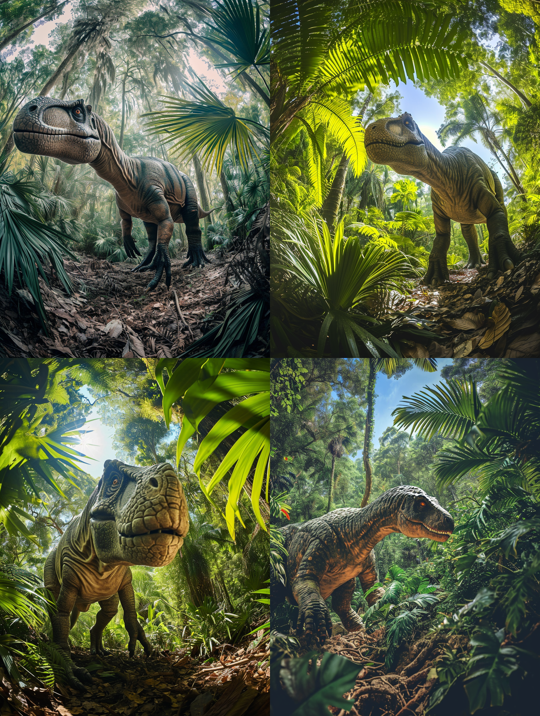 侏罗纪iguanodon，巨大的恐龙，优雅地站在茂密的丛林中。它的姿态威武而庄重，背景中的树木和植被形成了丰富的层次感。用鱼眼镜头拍摄，捕捉到广阔的环境和细节。光线透过树叶洒在身上，营造出神秘而令人惊叹的氛围。色调以绿色为主，增强了侏罗纪时代的真实感和原始气息。震撼、壮观、古老。