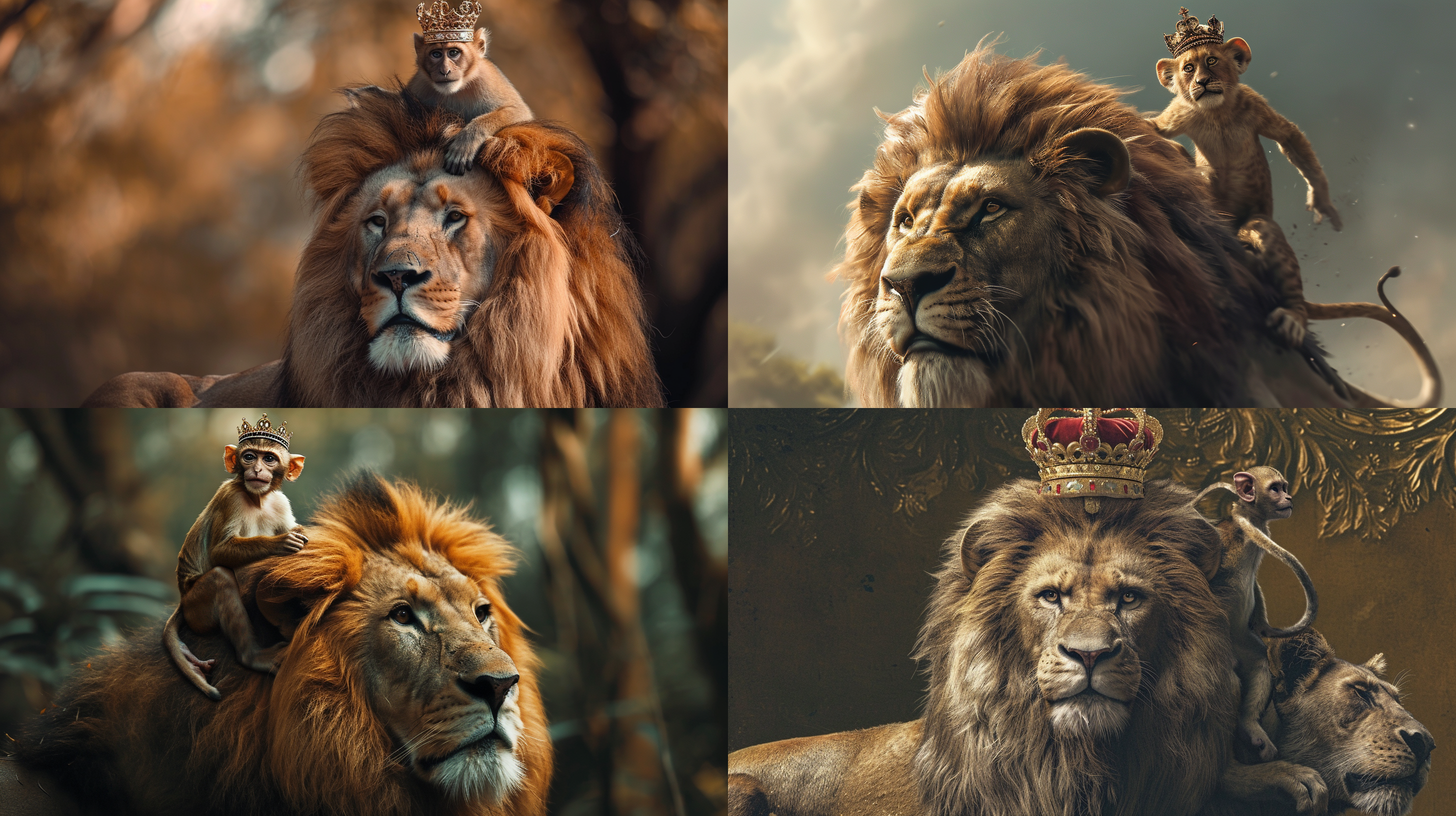 一只猴子骑着一只雄狮，猴子高昂着头，猴子带着王冠