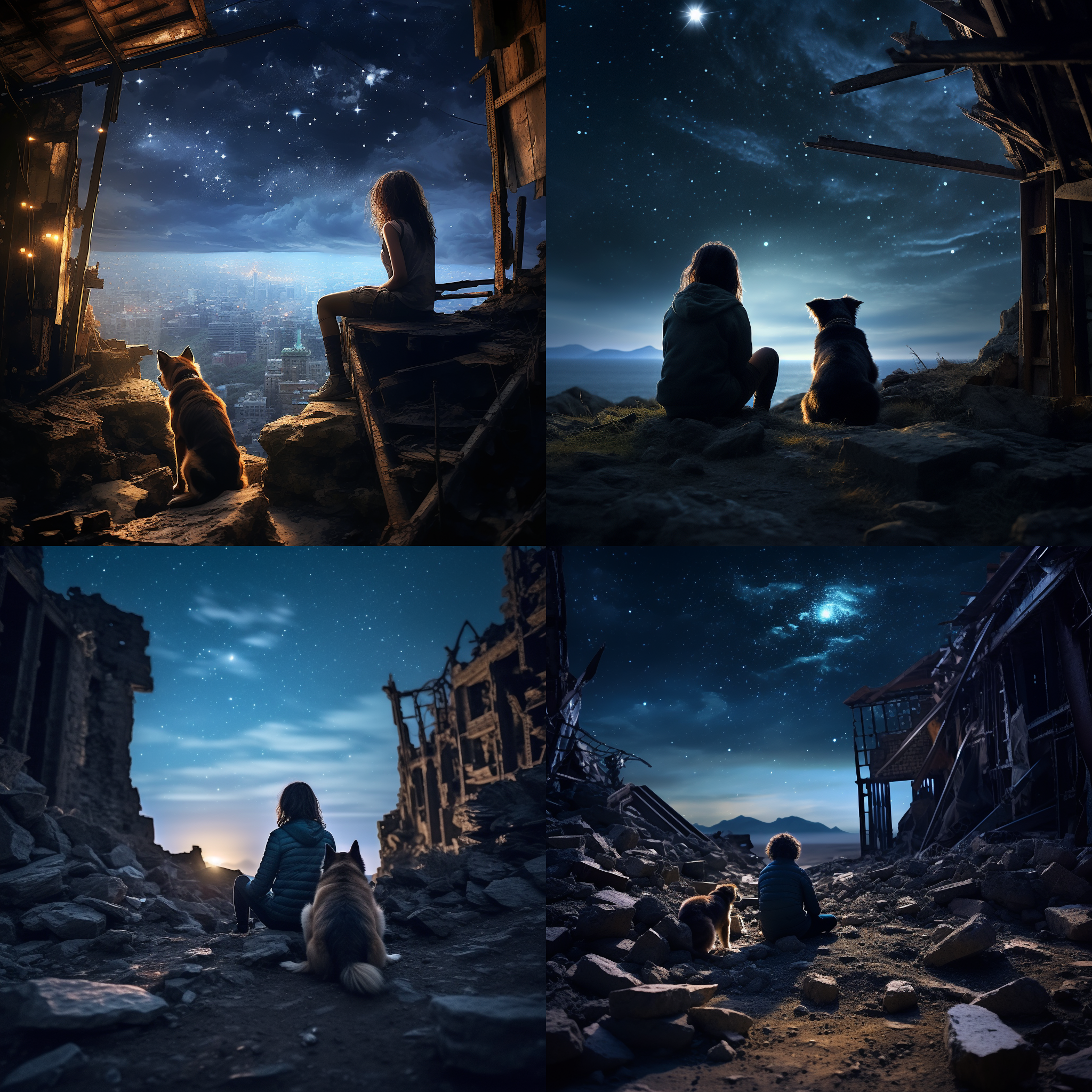 宇宙星空下的女孩和一只狗，世界末日，建筑废墟，广角镜头，强烈对比度，夜景，迷幻色调，玻璃碎片，悬崖边缘，沉思，孤独，希望。