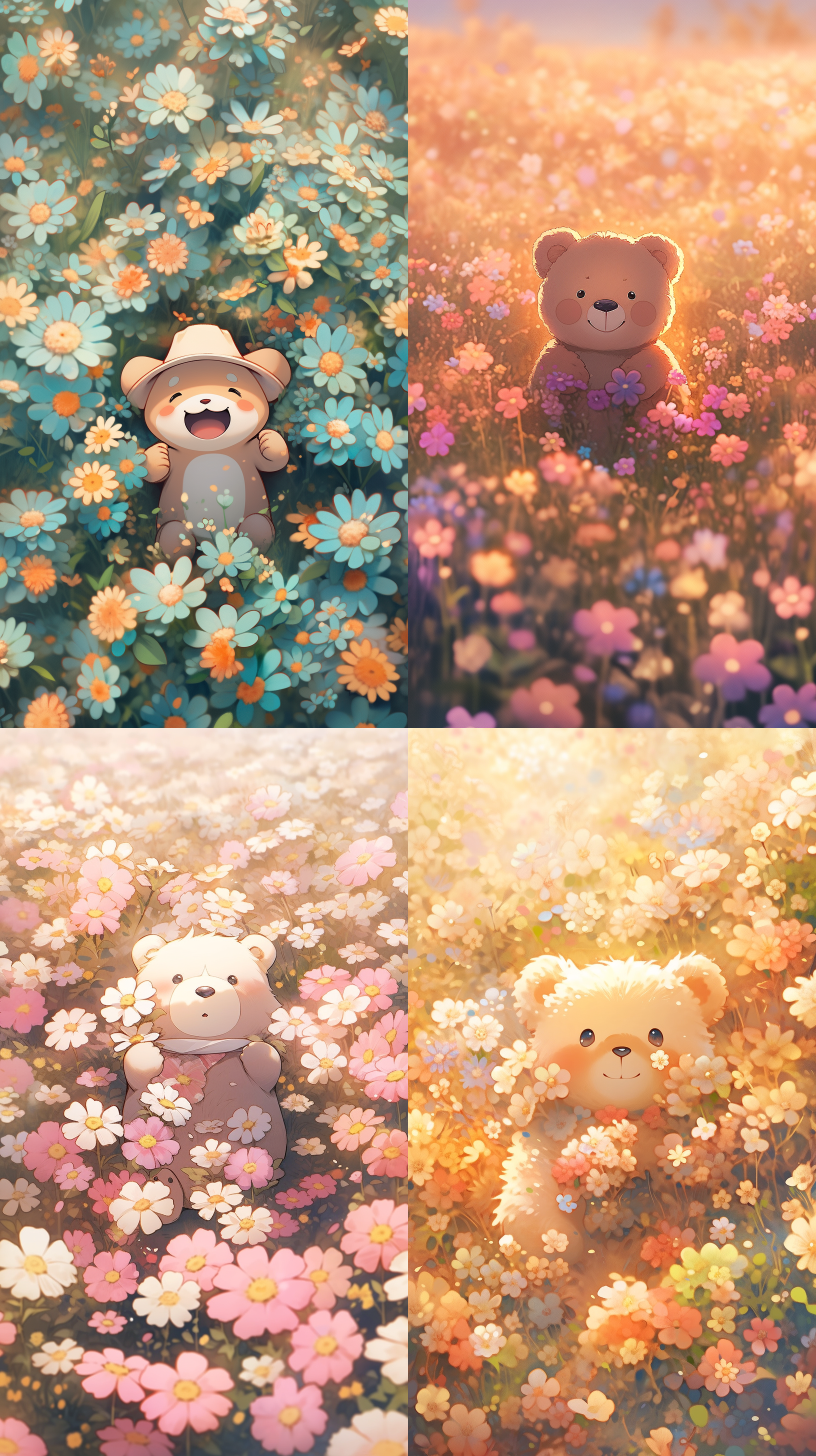 治愈系，小熊坐在花海中微笑，构图平衡，明亮自然光，柔和色调，长焦镜头，静态，表情可爱，温暖感觉，花海环绕，微笑的小熊，治愈力量，欢乐，宁静，宇宙。