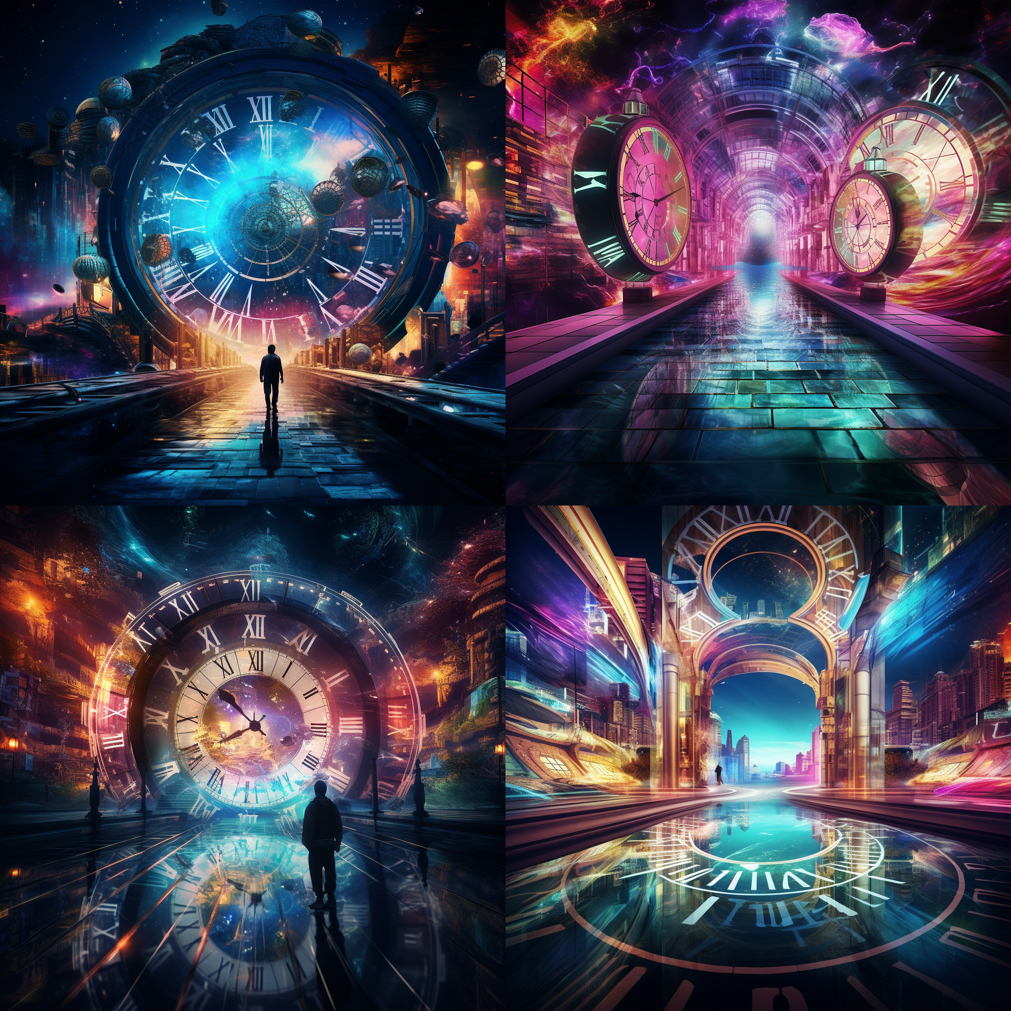时间长河，巨大的时钟，时空穿越感，色彩饱满，梦幻感觉，环形构图，宏大氛围，广角镜头，饱和度高，霓虹灯照明，快门延迟效果，浓重的阴影，神秘气氛。