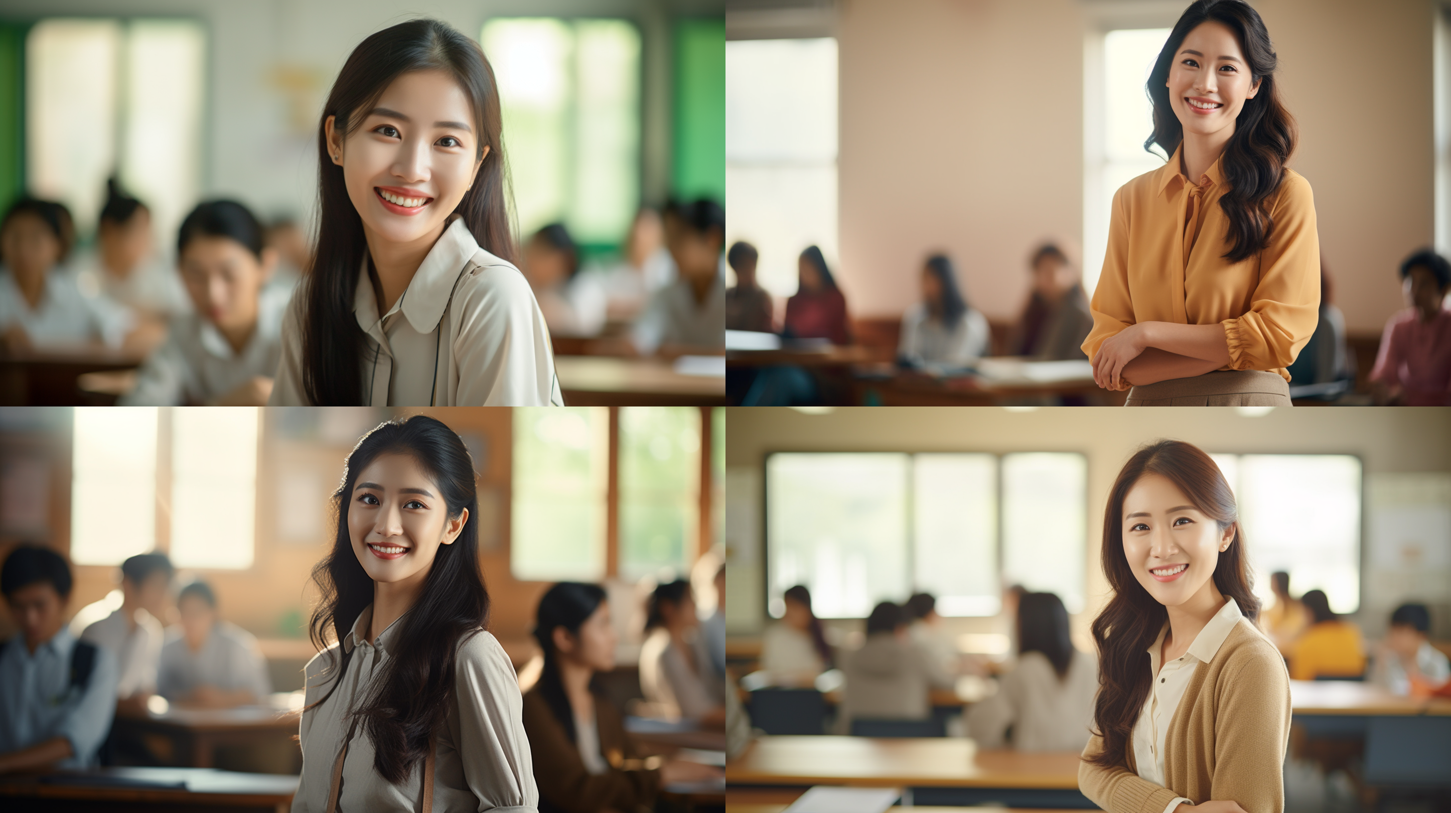 老师，亚洲女性，人物在右侧，教室内，清晰焦点，自然光线，柔和色调，中长焦镜头，微笑，亲切，温暖，专注。